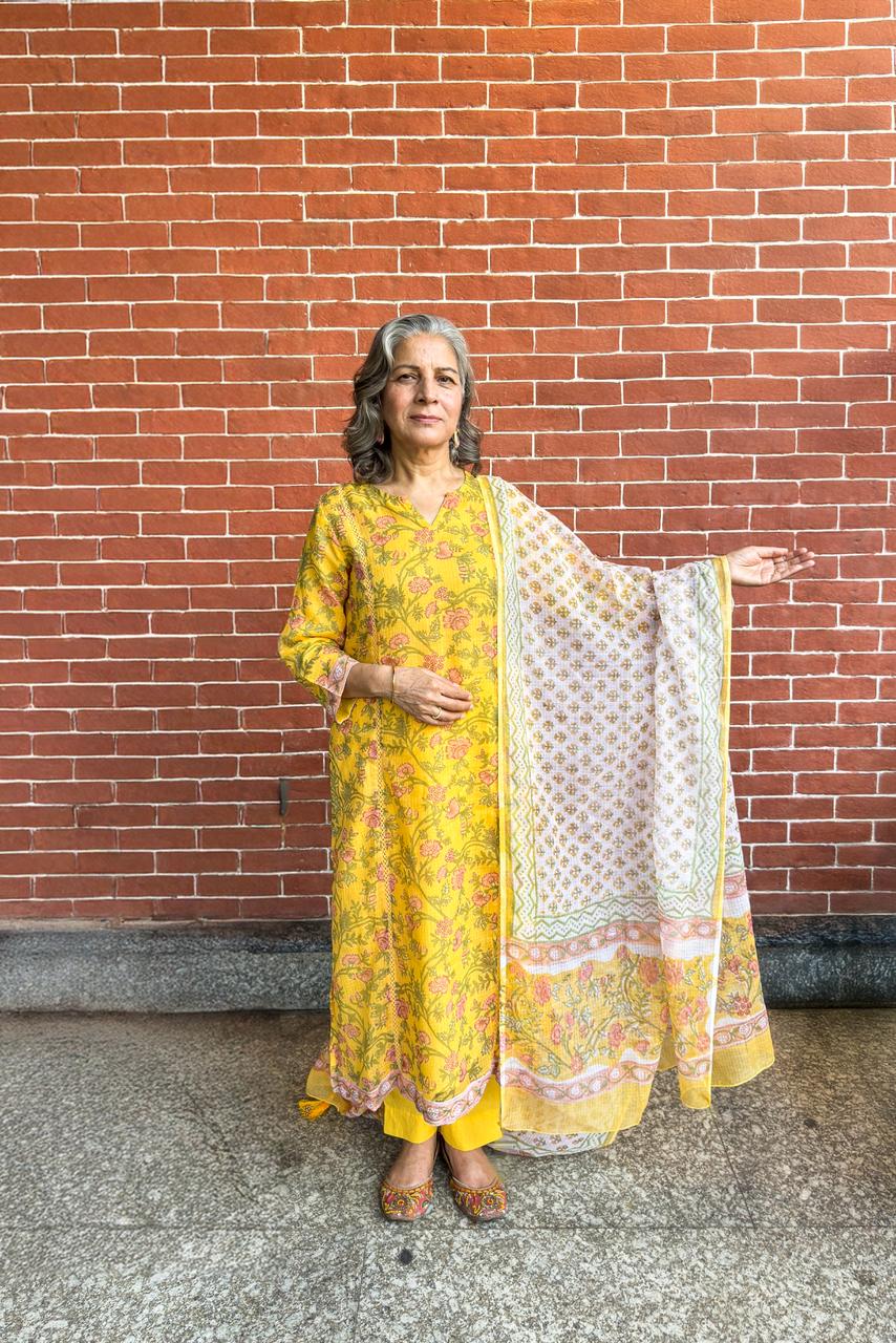 Yellow Floral Printed Suit Set, with Kota Doria Dupatta | HER-756