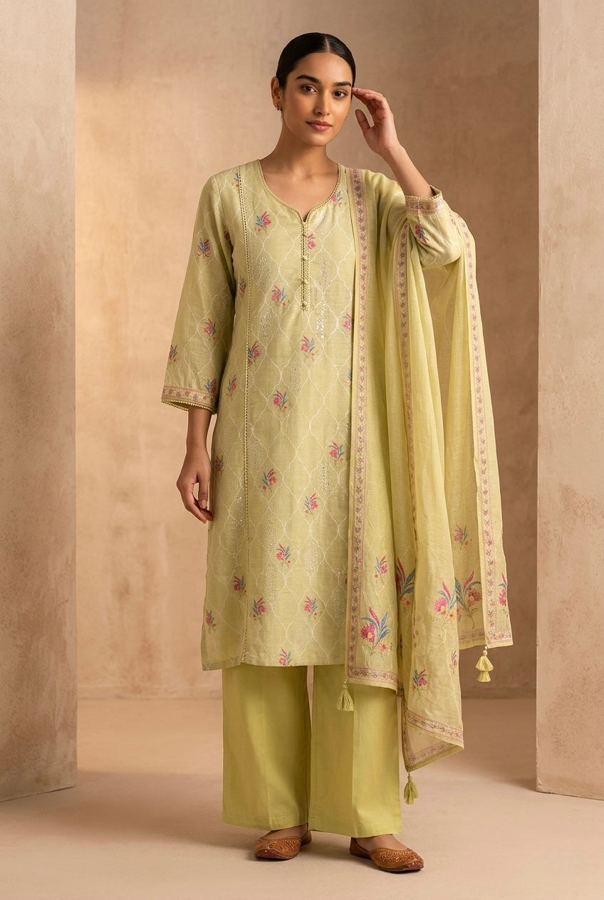 Lime Green Printed Cotton Linen Suit Set | HER-769