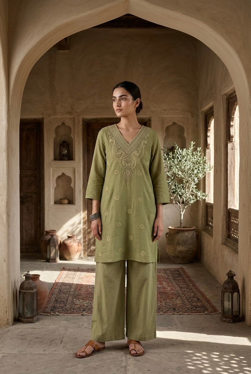 Sage Green Mul-Chanderi Kurta Set