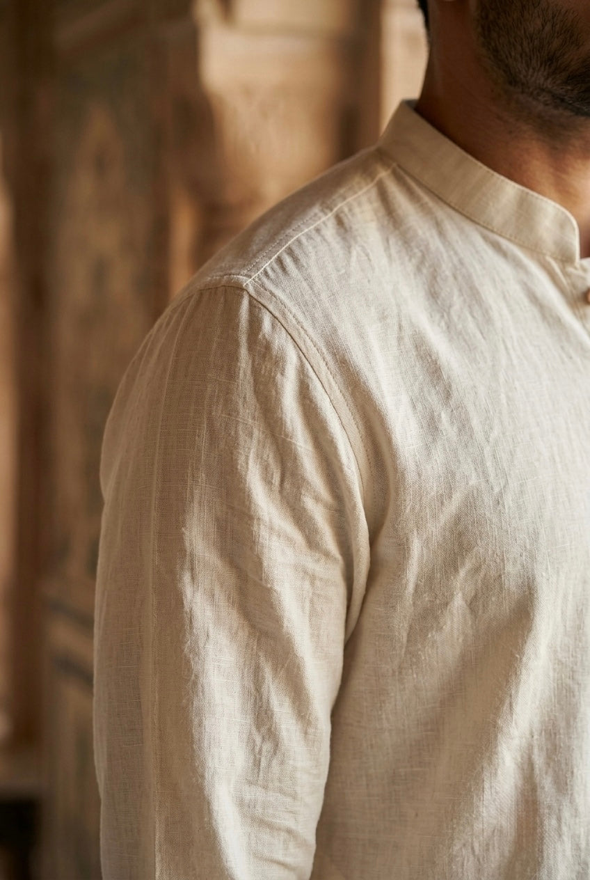 Men’s Pure Linen Kurta Pajama Set – Warm Ivory