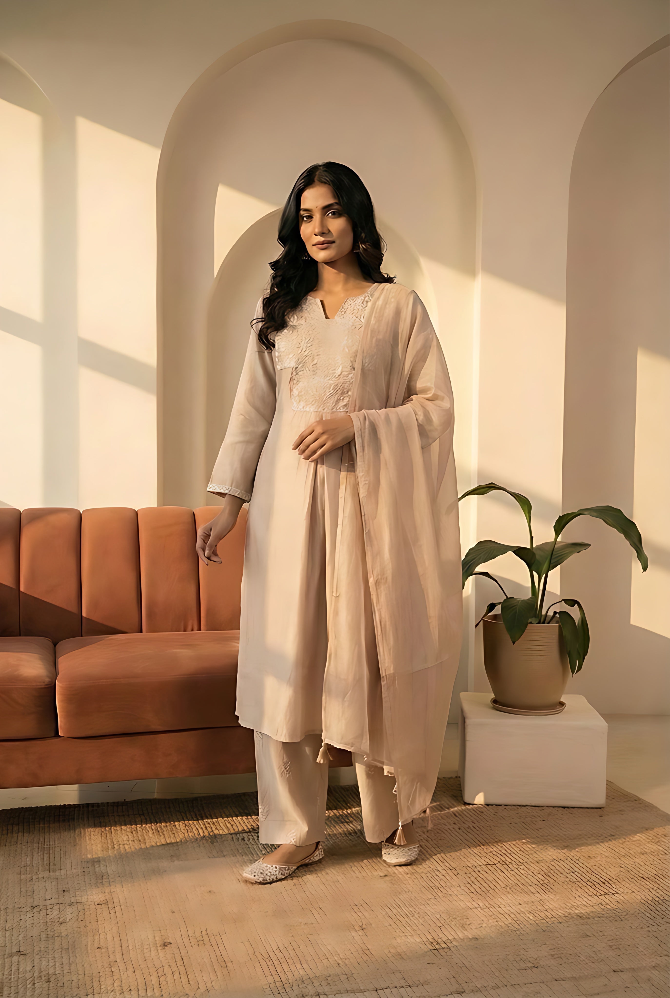 Saanjh Blush Nude Modal Silk Embroidered Suit Set | HER-554