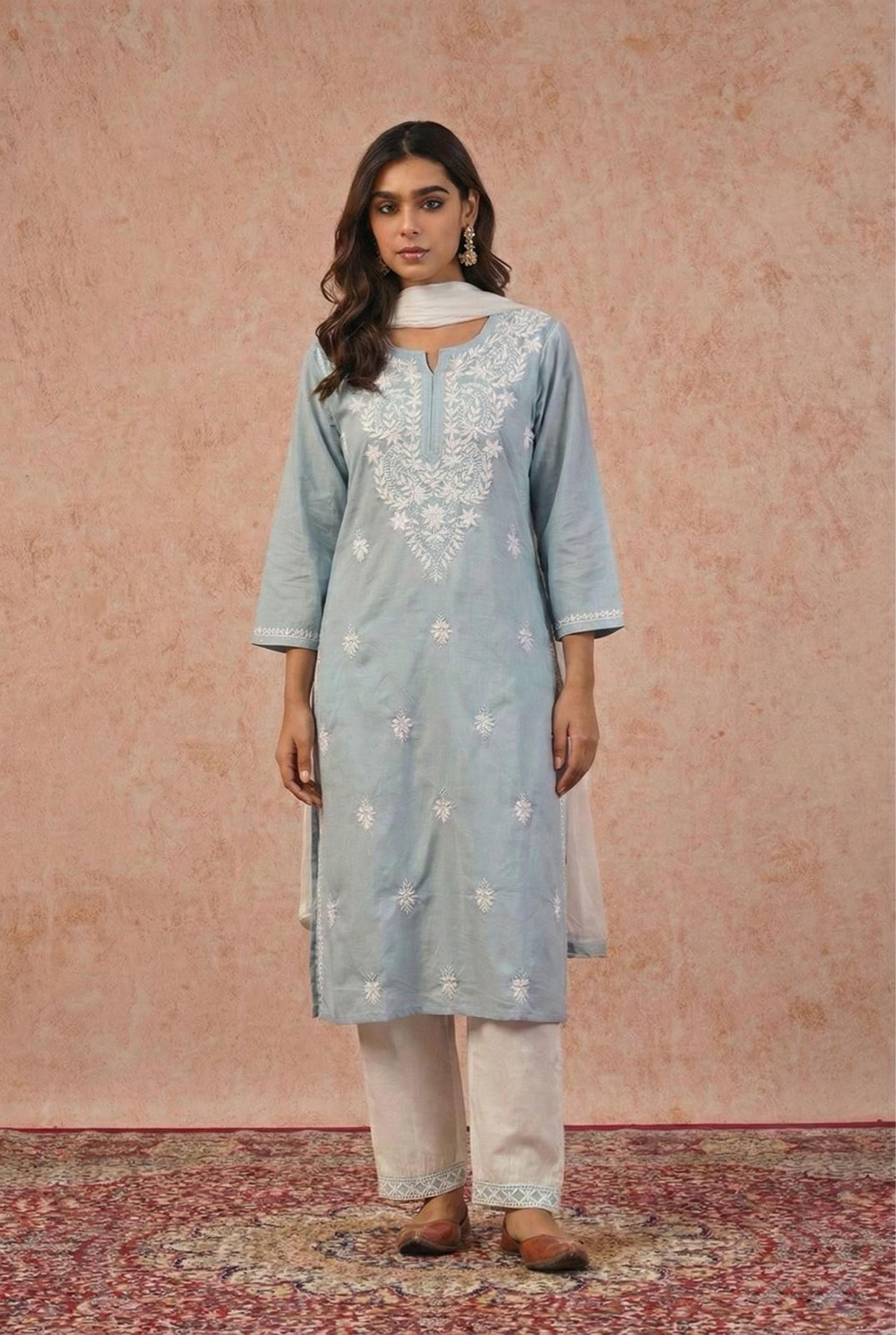 Dusty Blue Cotton Chikankari Suit Set | HER-531