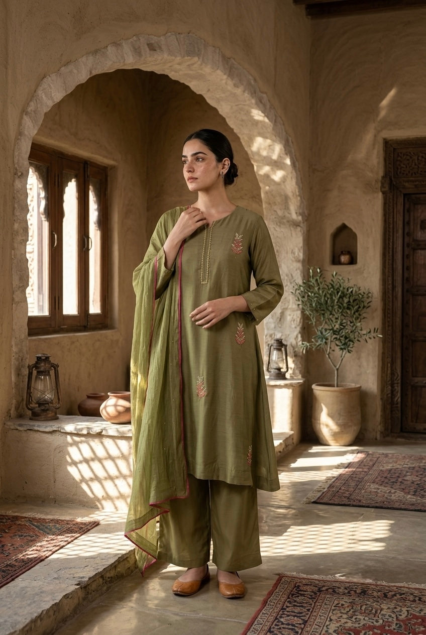 Olive Green Embellished Mul Chanderi A-Line Suit Set