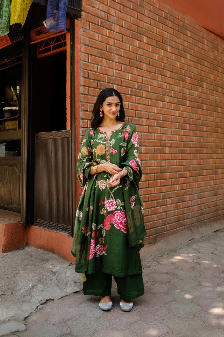 Emerald Green Floral Chanderi Suit Set | HER-605