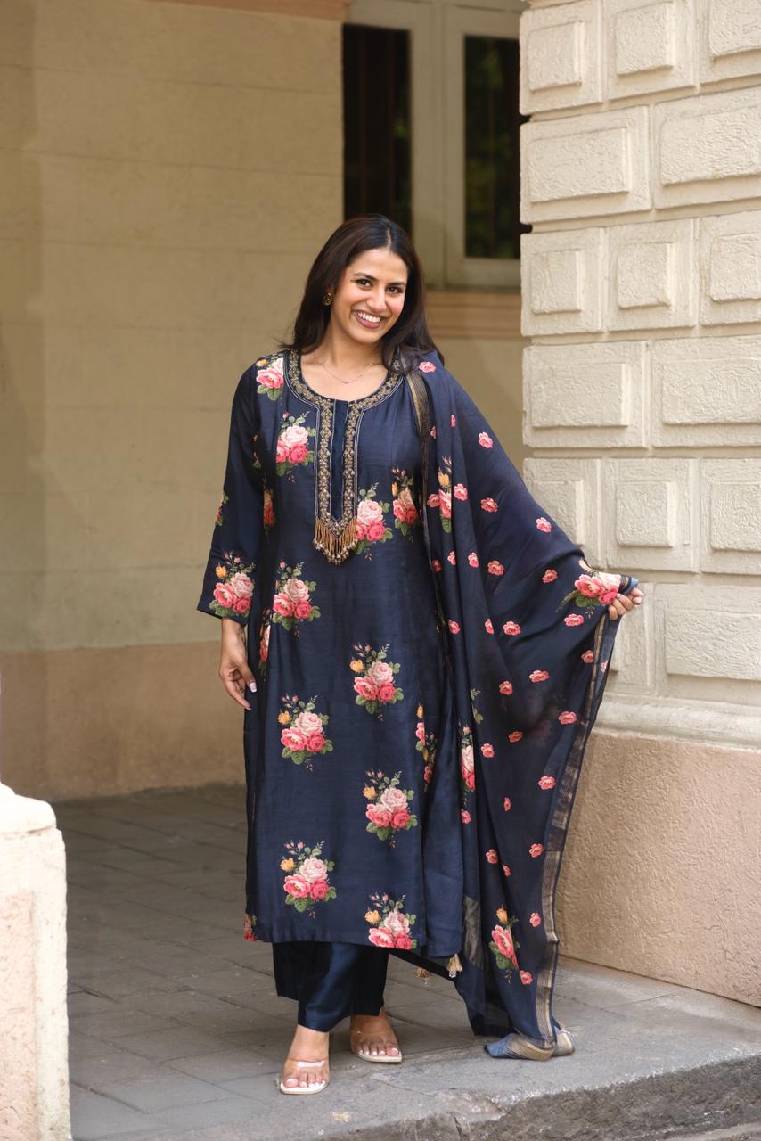 Twilight Black Floral Chanderi A-Line Suit Set x Celina | HER-607
