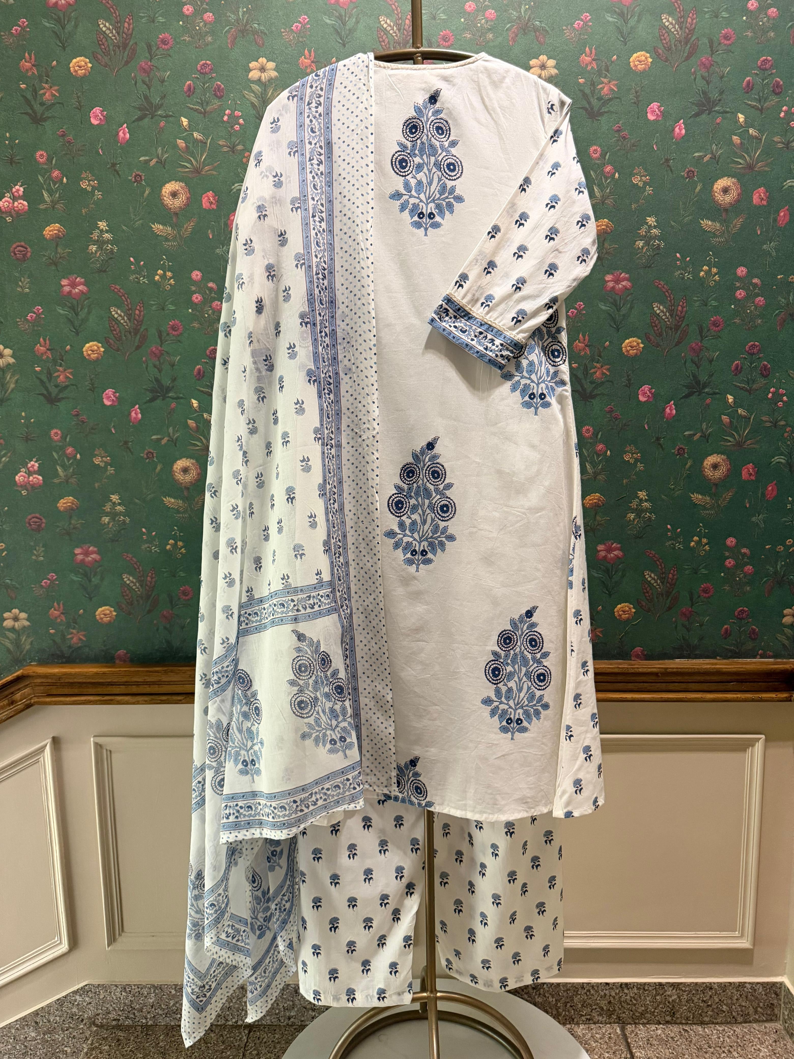 Ivory Blue Floral Printed A-Line Suit Set | HER-716