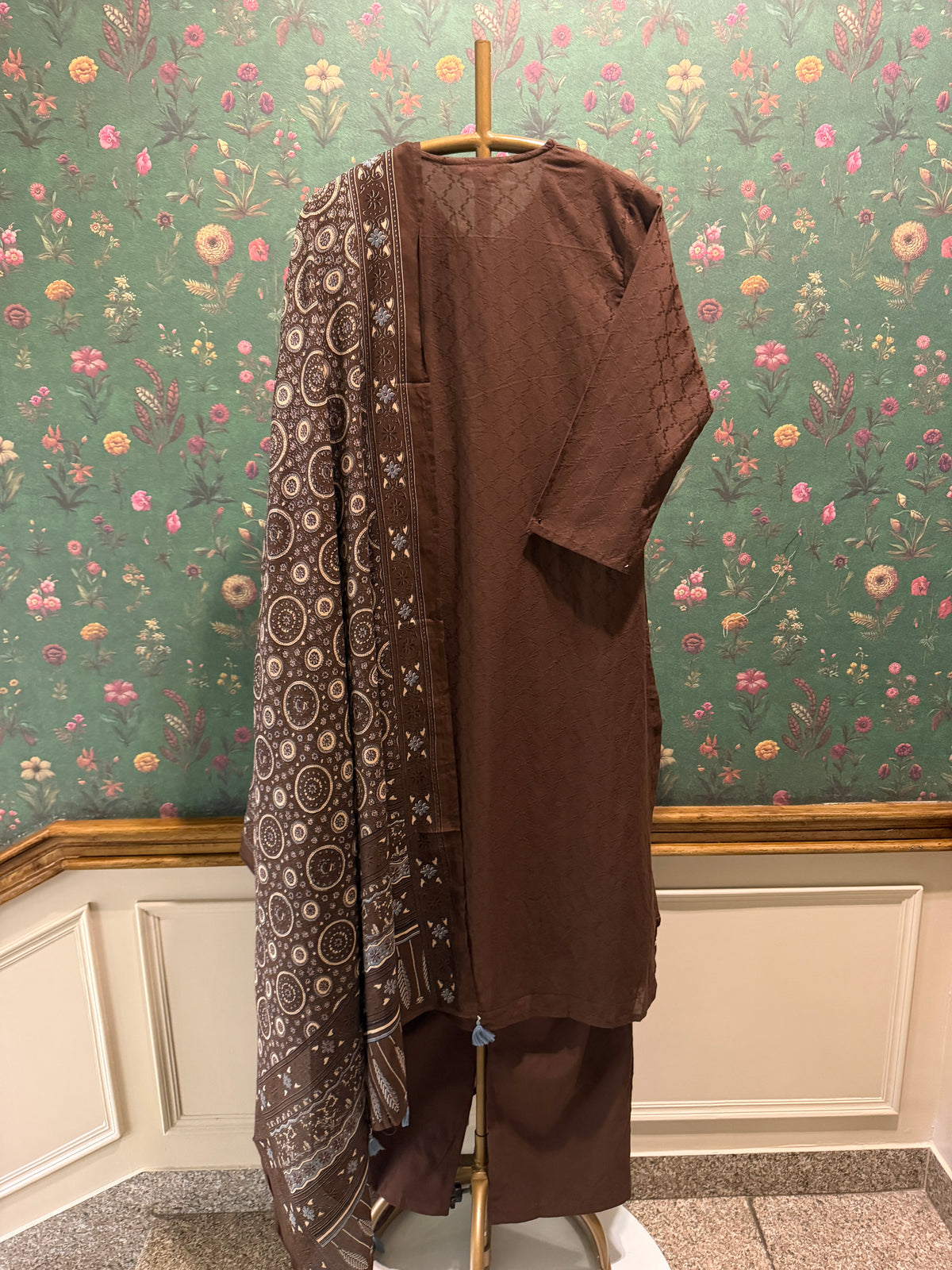 Chocolate Brown Embroidered Pure Cotton Suit Set