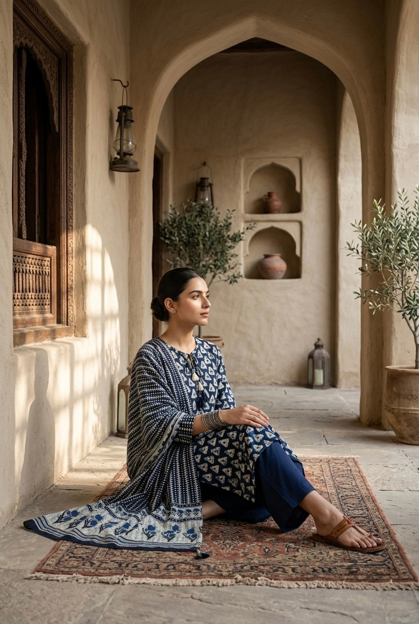 Indigo Blue Batik Printed Cotton Suit Set