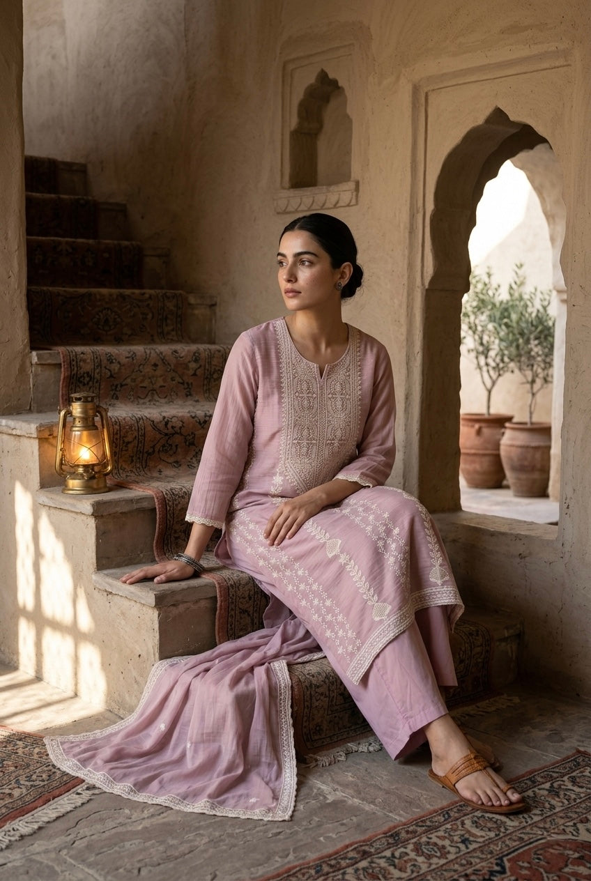 Rose Pink Embroidered Mul-Chanderi Suit Set | HER-786