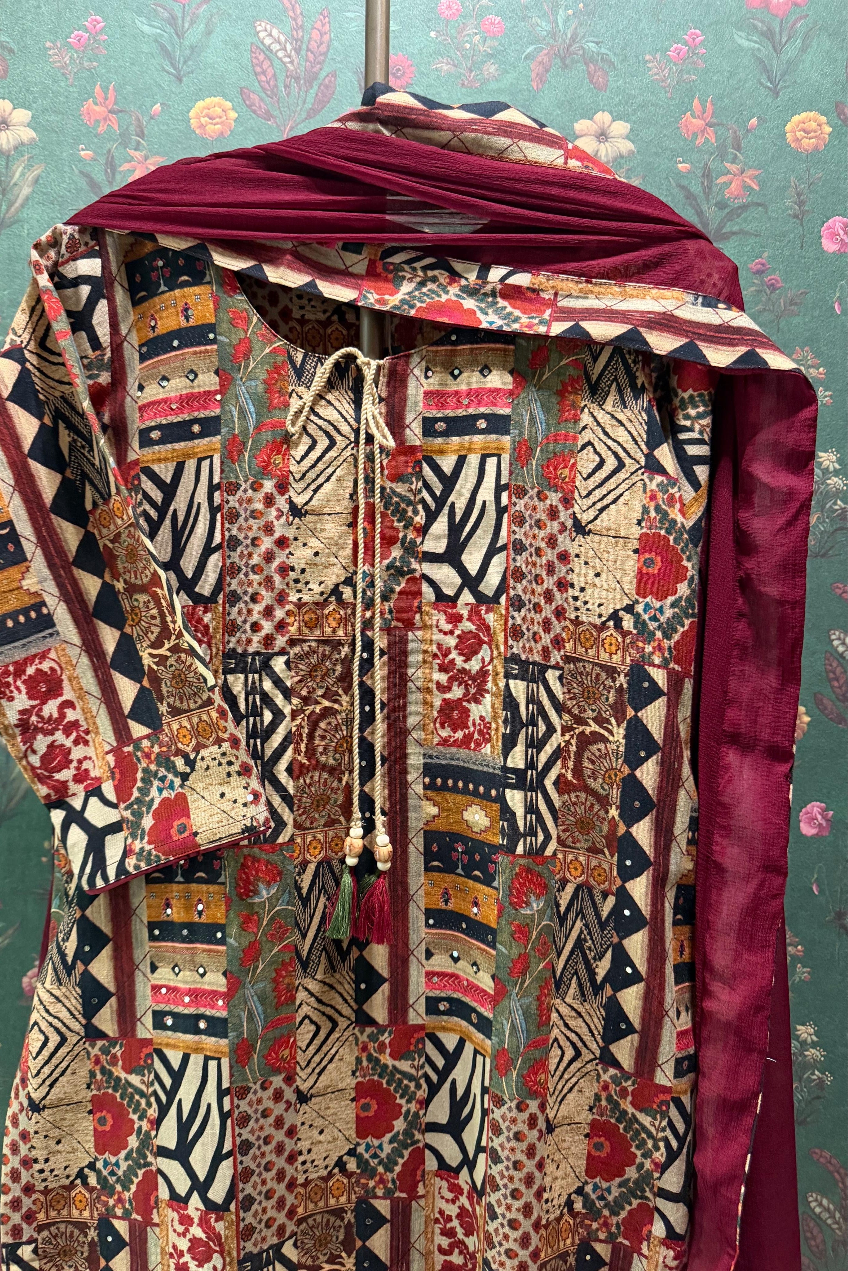 Rangrez Maroon Patchwork Suit Set | HER-645