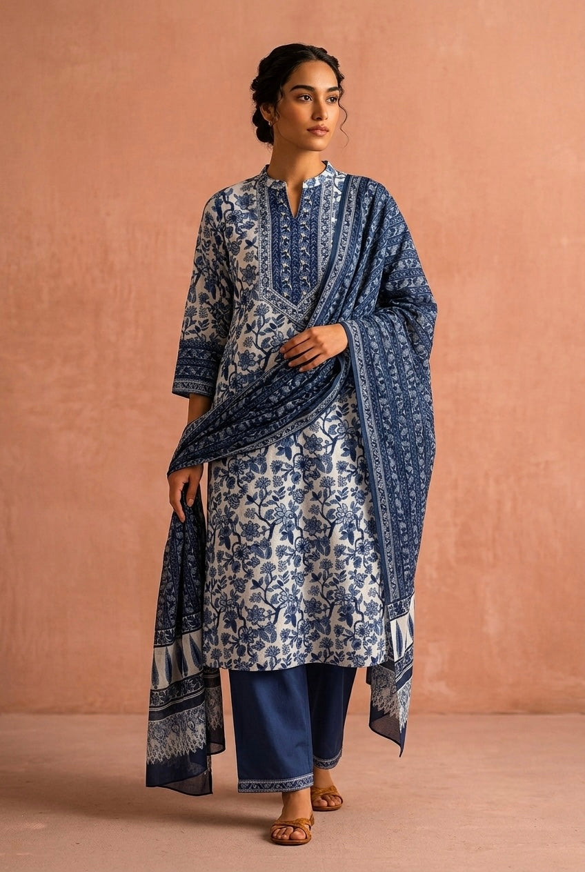 Floral Blue Cotton Suit Set | HER-511