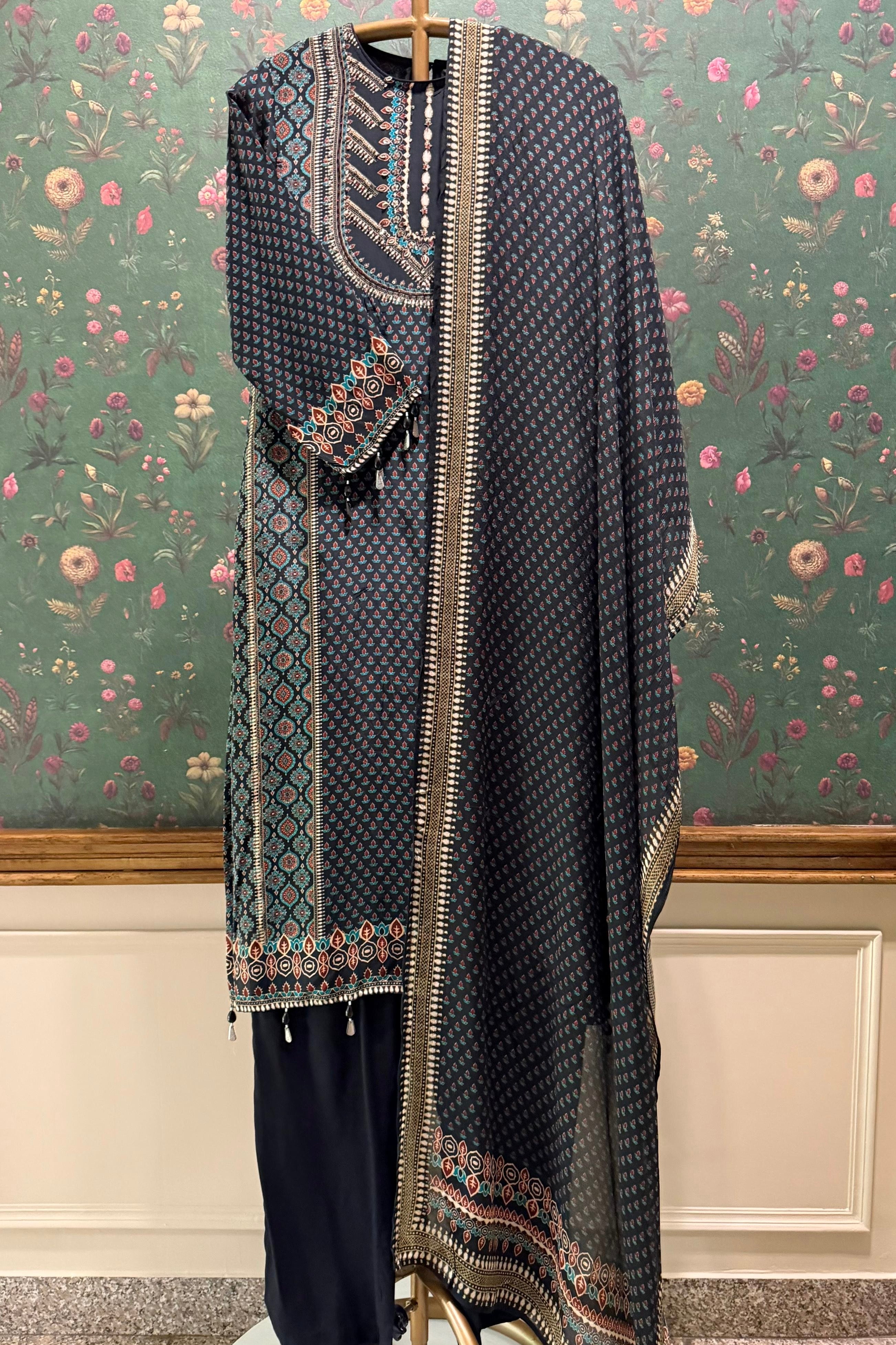 Black Tribal Mirror Work Printed Suit Set | HER-616