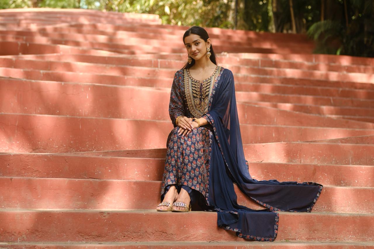 Blue Ajrakh A-Line Chanderi Silk Suit Set | HER-635 x Prachi