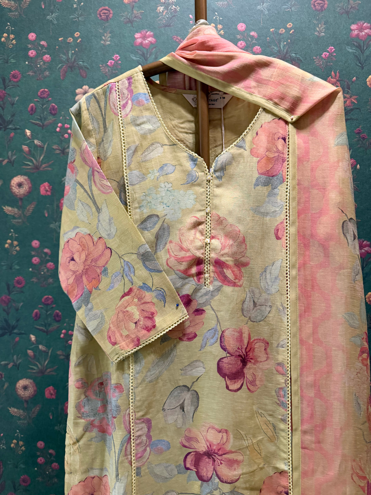 Pastel Lime Floral Printed Linen Cotton Suit Set | HER-768