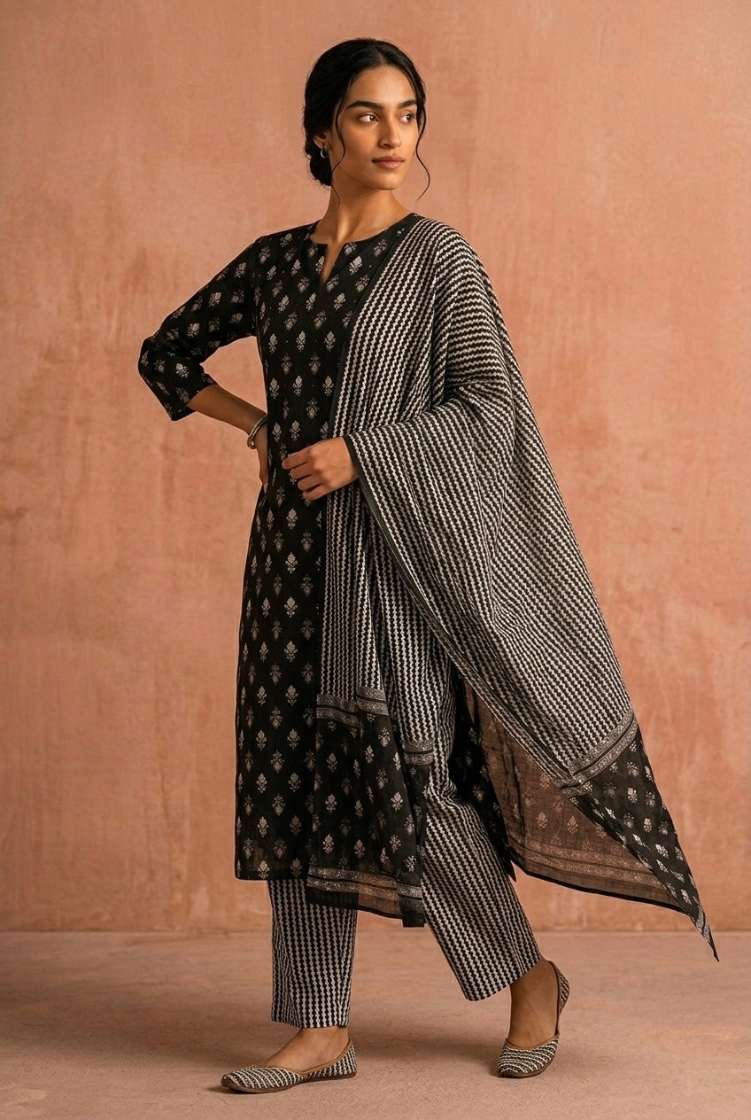 Black Buti Printed Cotton Suit Set | HER-726