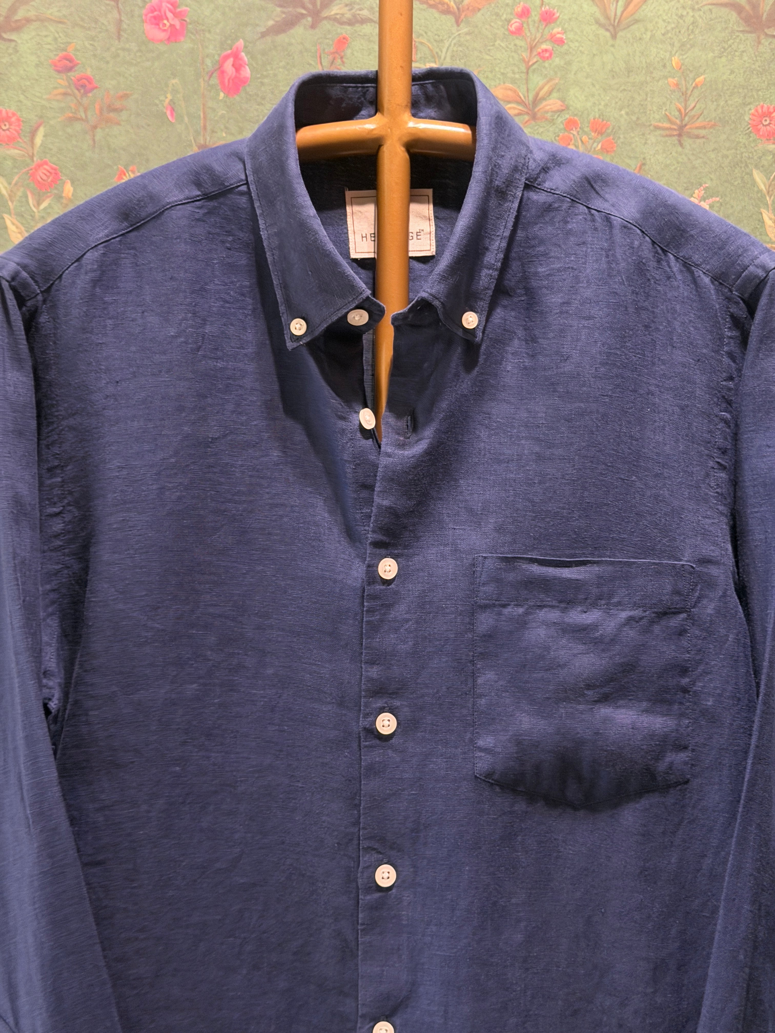 Deep Indigo Blue Men’s Pure Linen Full-Sleeves Shirt
