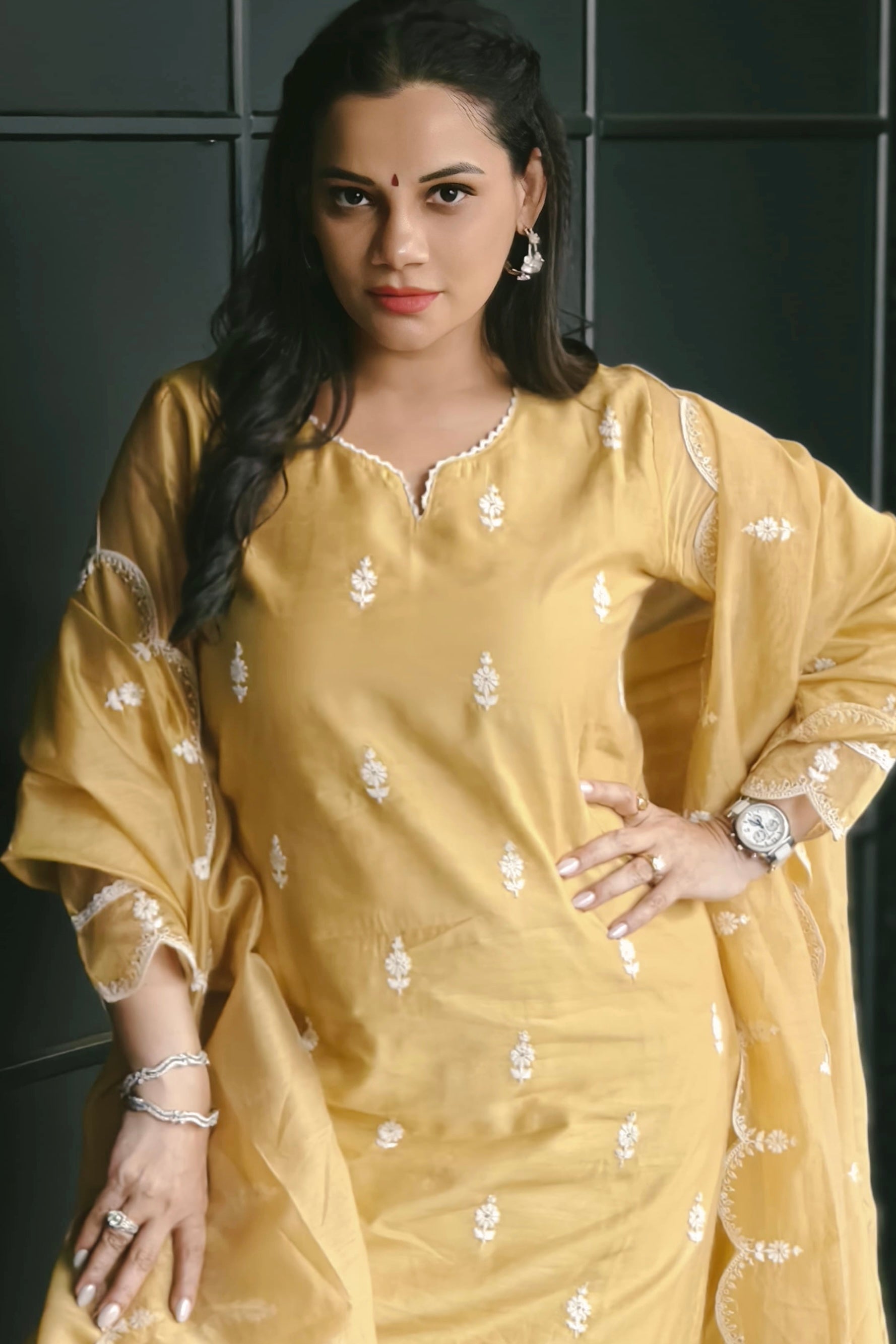 Mustard Yellow Hand-Embroidered Chanderi Suit Set | HER-406