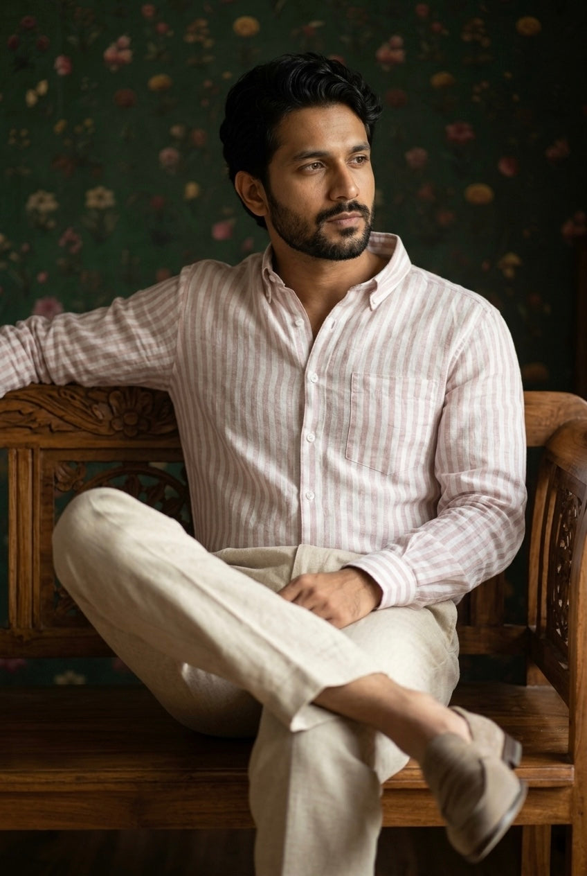 Men’s Blush Pink & White Striped Pure Linen Full Sleeves Shirt