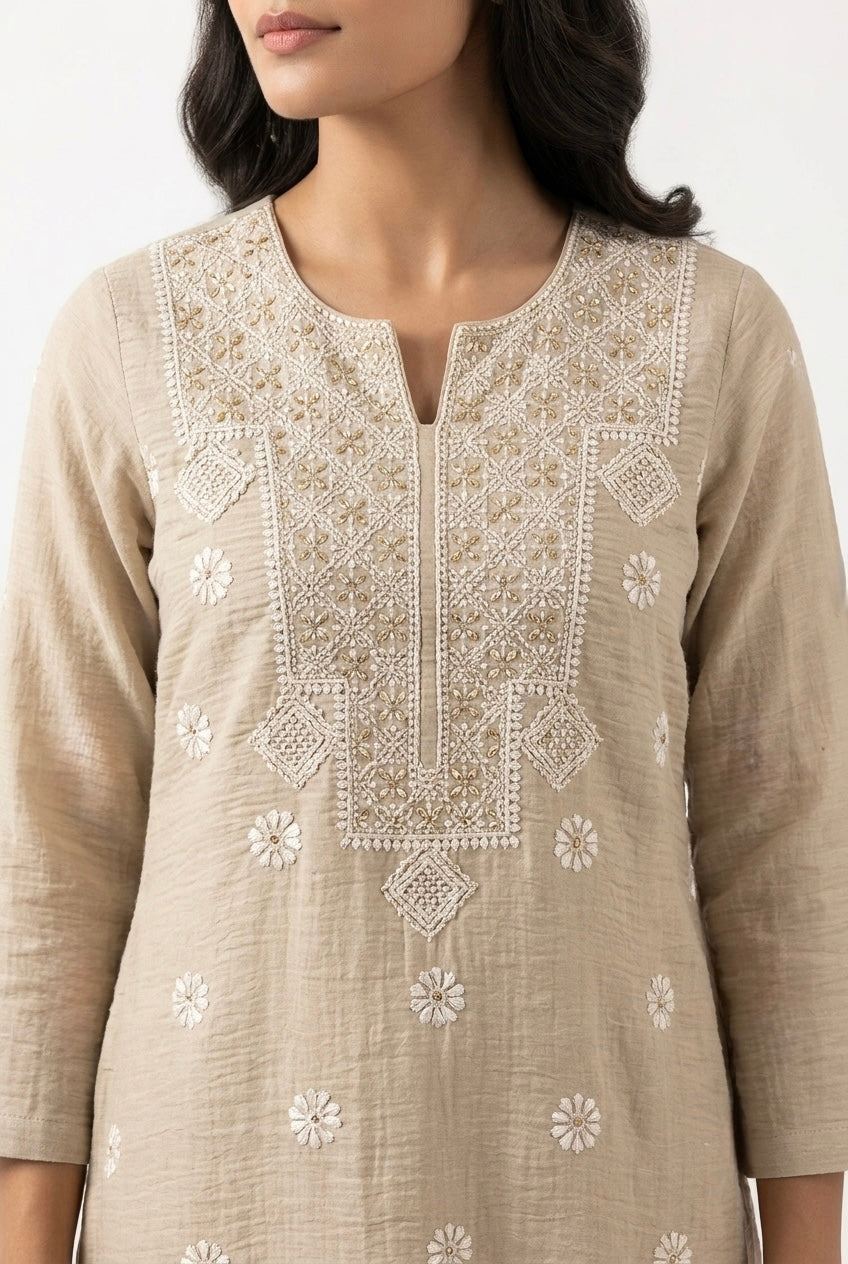 Sand Beige Embroidered Kurta/Co-ord Set | HER-779