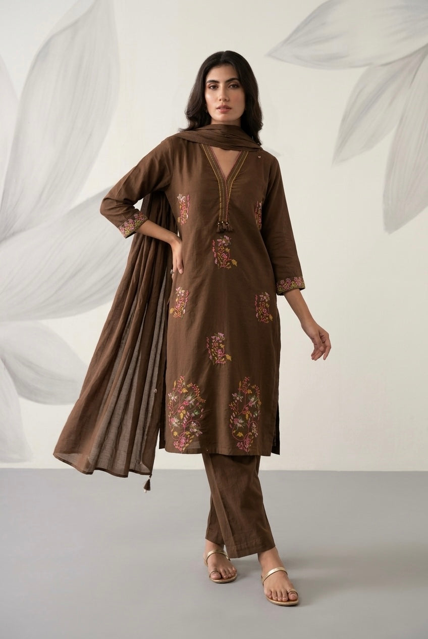 Cocoa Brown Embroidered Cotton Suit Set | HER-697