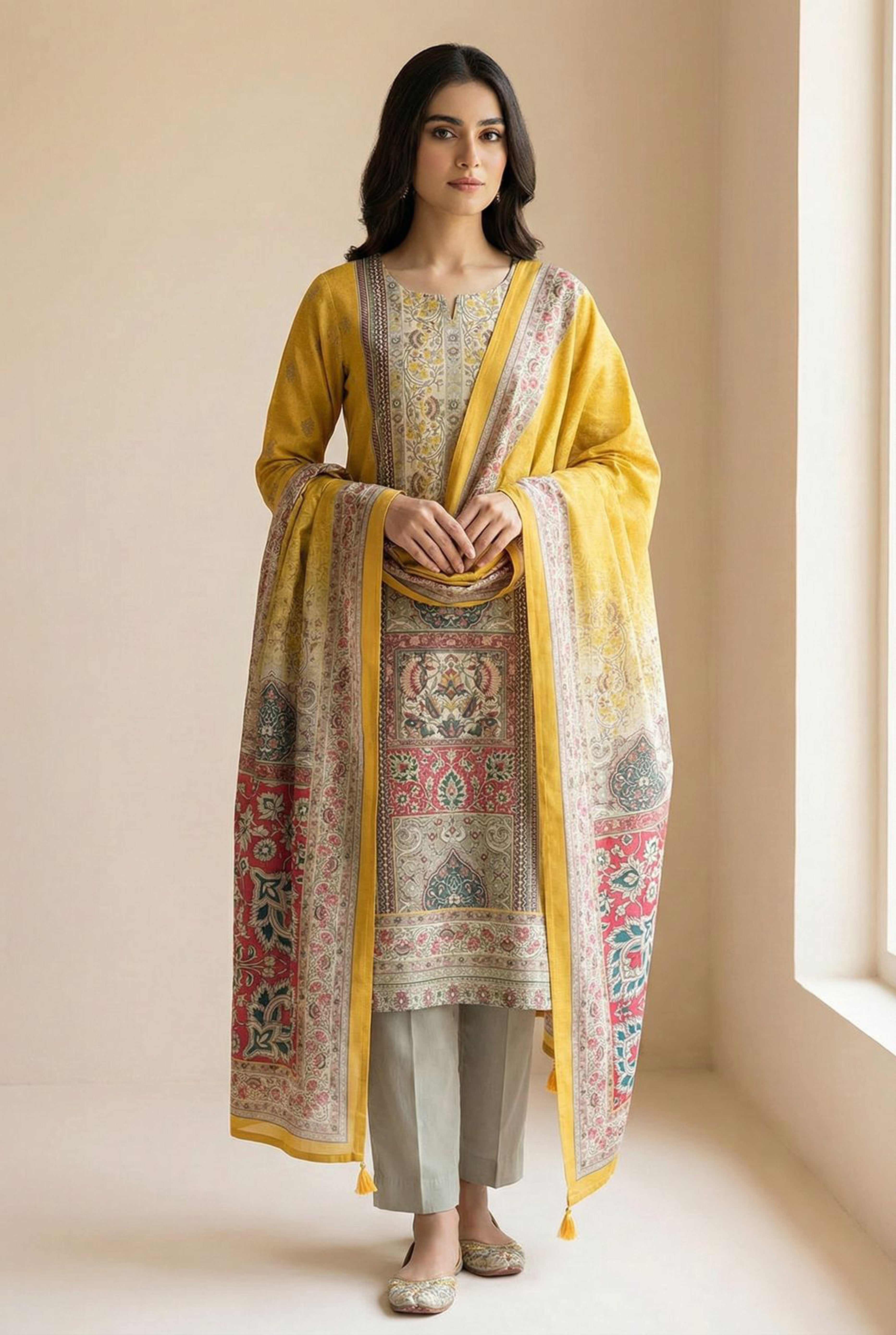 Mustard & Taupe Mughal Print Embellished Suit Set | HER-571
