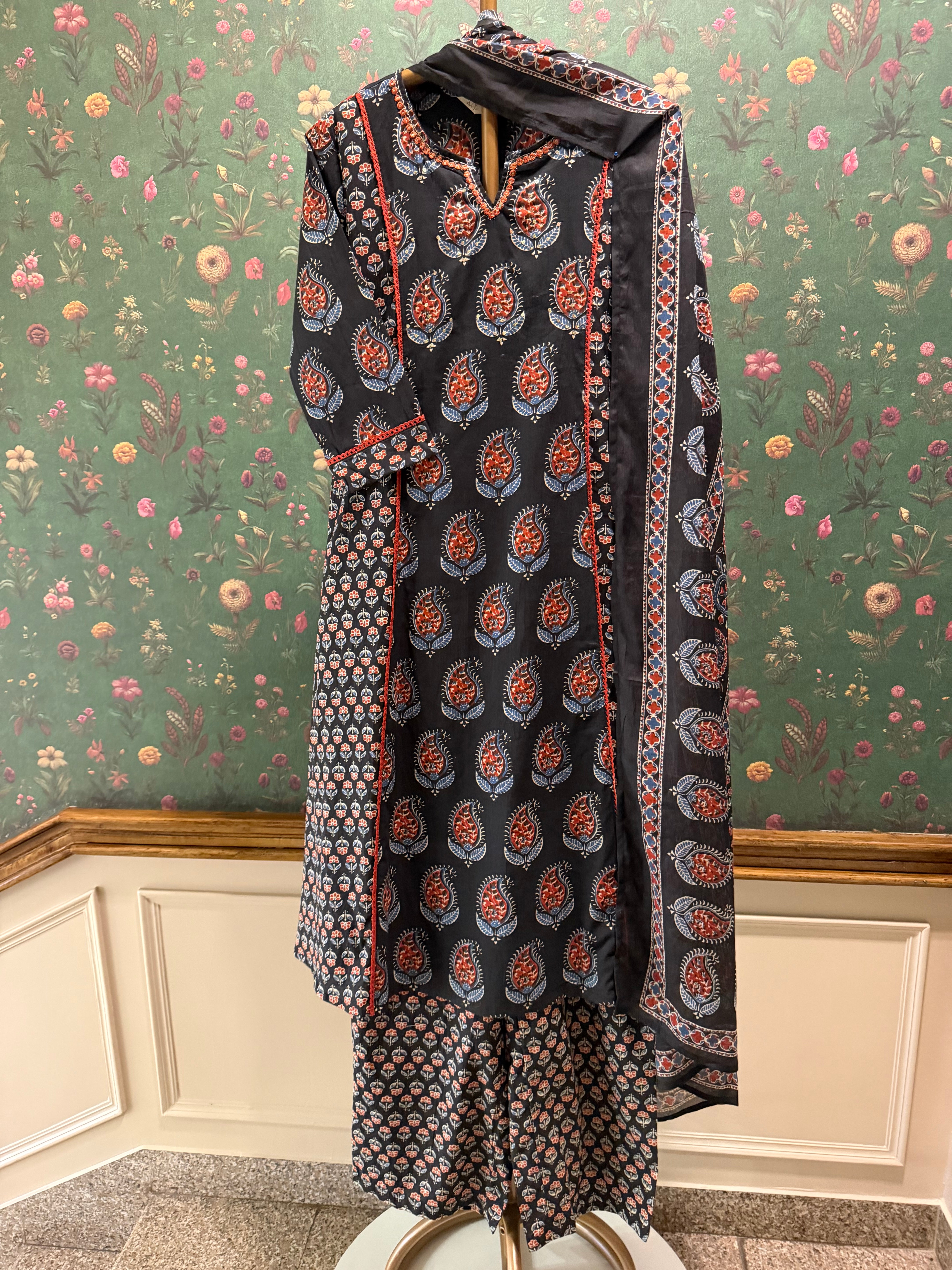 Black Ajrakh Printed Cotton A-Line Suit Set | HER-720