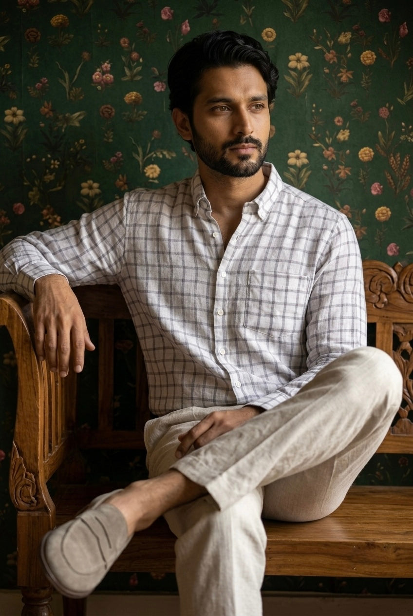 Men’s Ivory Grey Check Pure Linen Full Sleeves Shirt