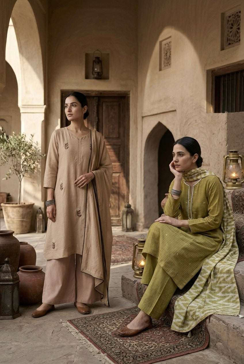 Olive Mustard Handwoven Check Pure Chanderi Suit Set