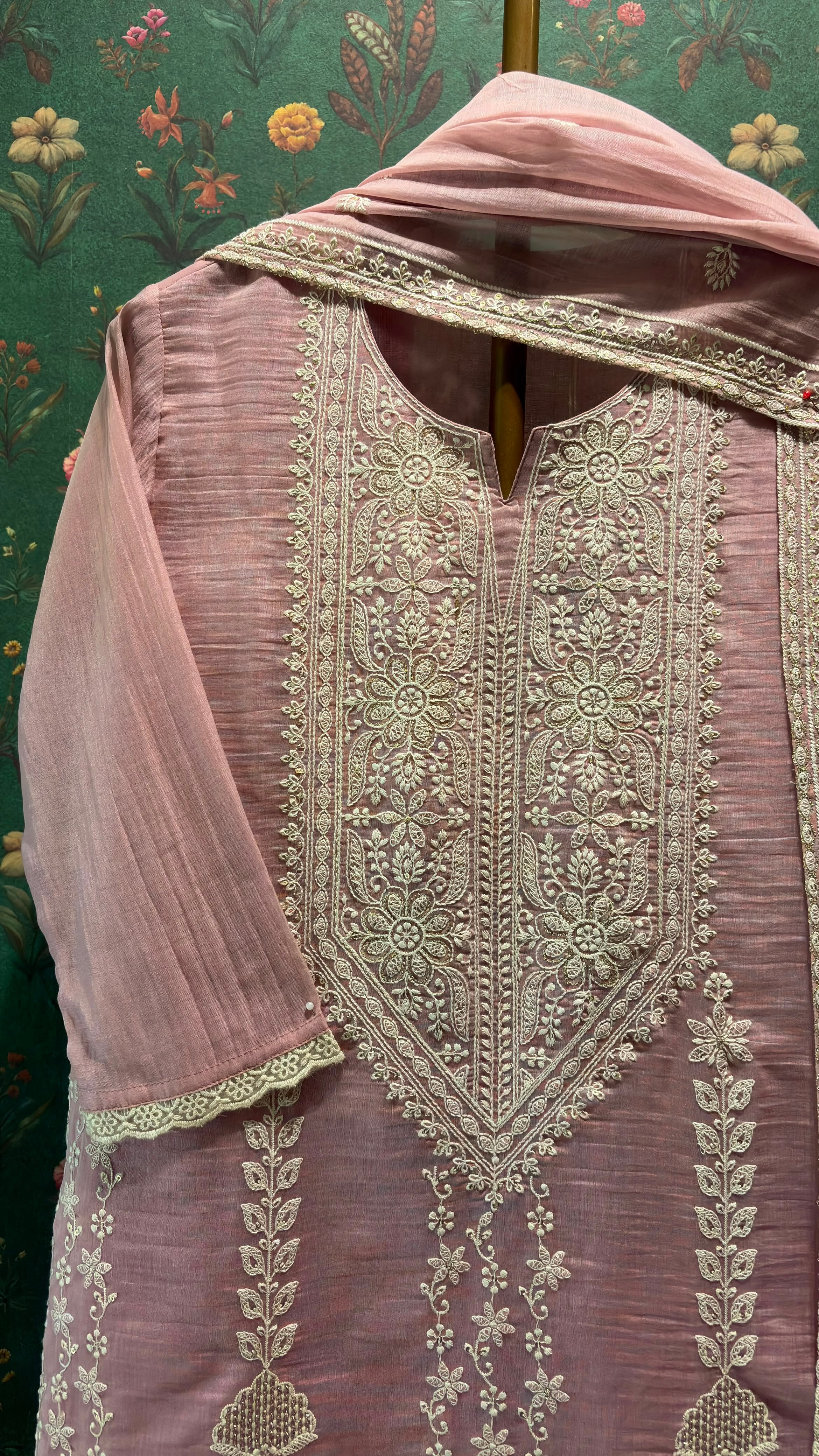 Rose Pink Embroidered Mul-Chanderi Suit Set | HER-786