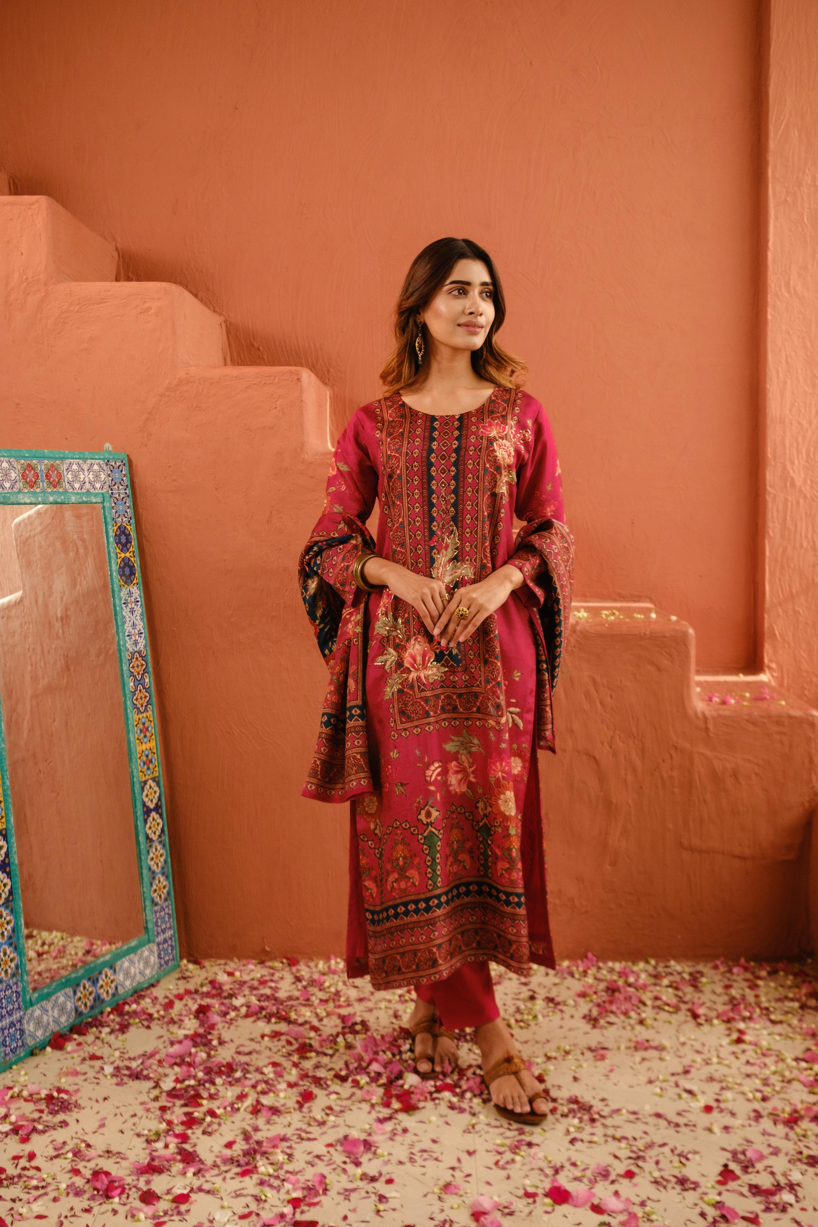 Deep Rose Pink Dola Jacquard Suit Set with Dabka work | HER-485