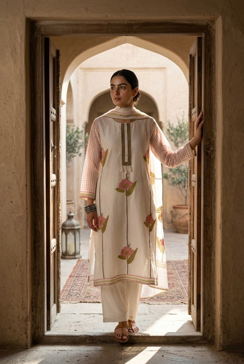 Ivory Floral Pure Chanderi Suit Set