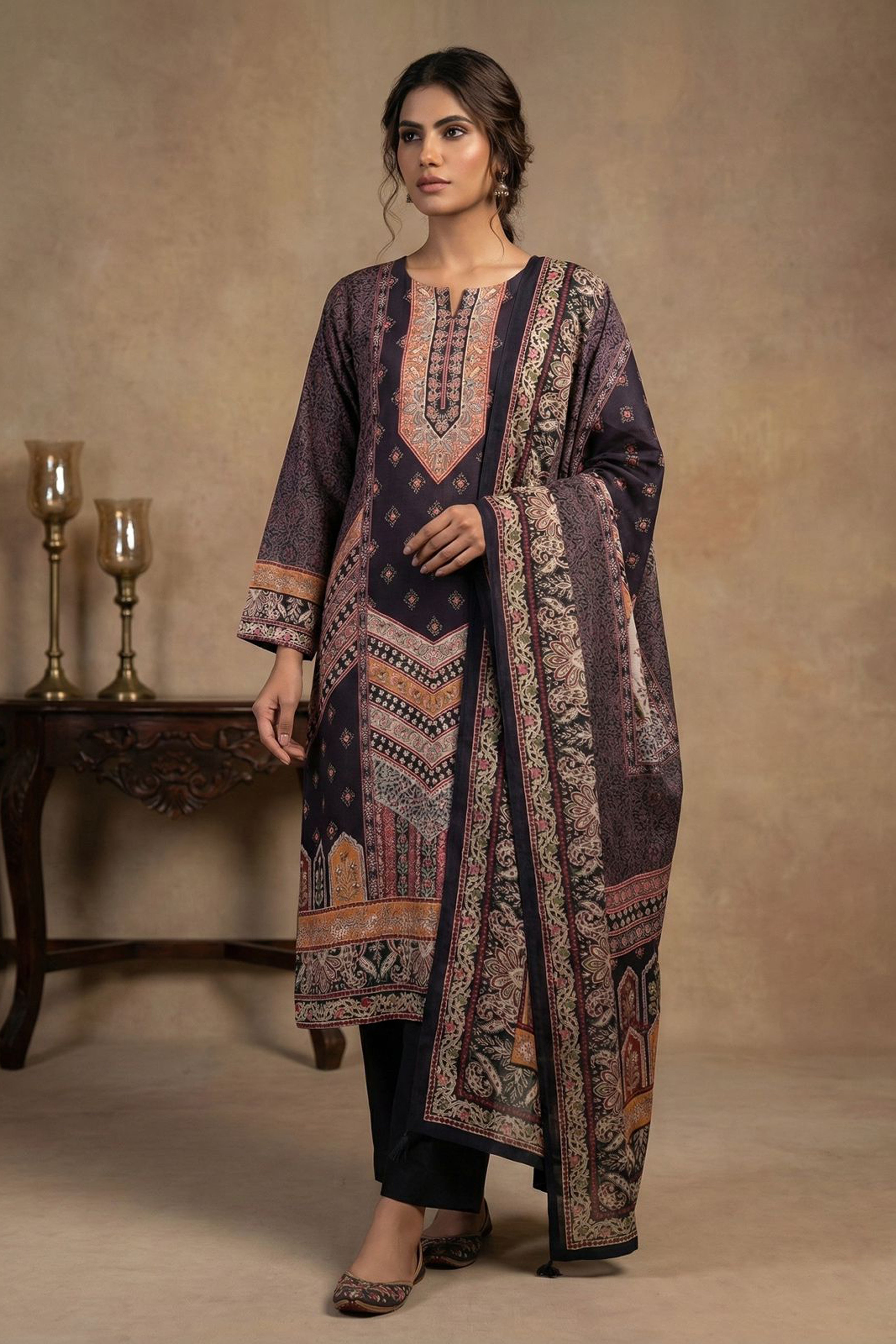 Black Kashmiri Mosaic Printed Suit Set | HER-570