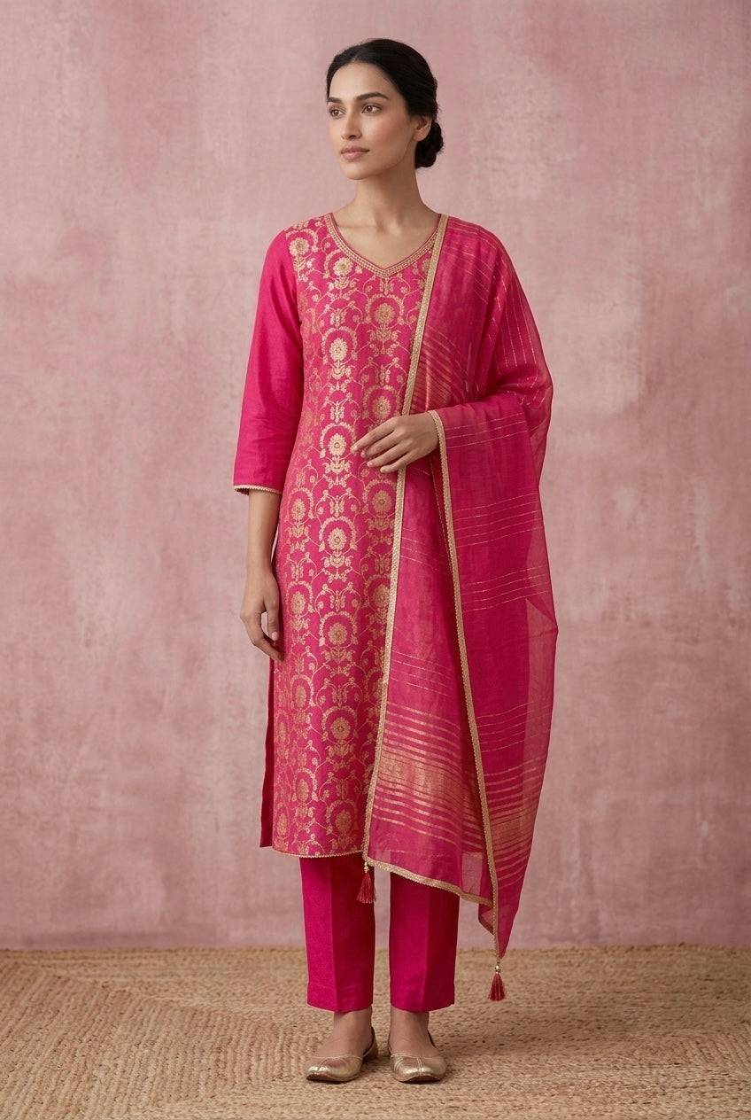 Rangrez Pink Banarasi Brocade Suit Set | HER-562