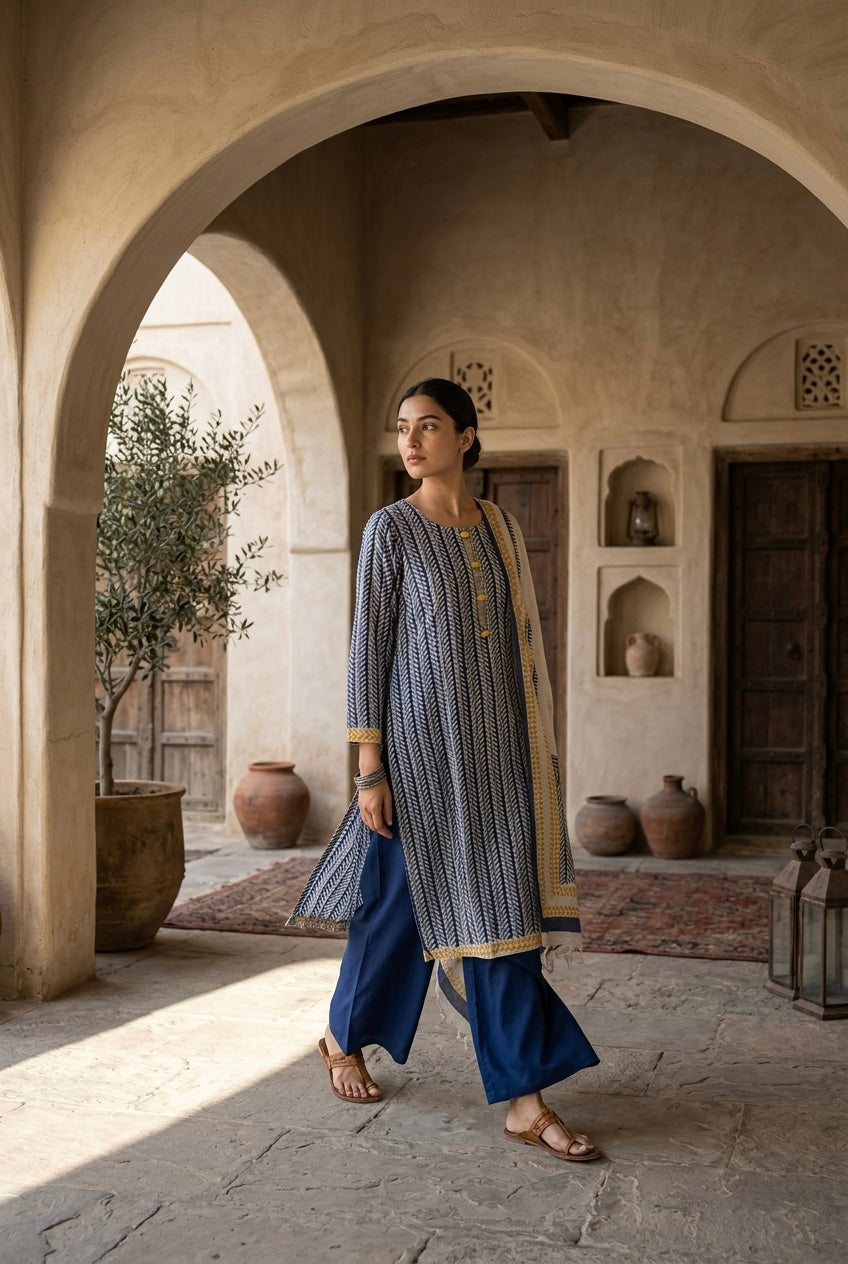 Indigo Mustard Handblock Printed Linen Suit Set