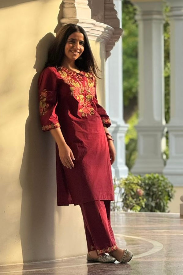 Berry Red Embroidered Kurta Set | HER-721