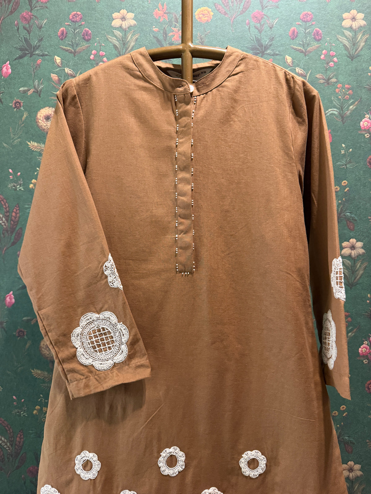 Warm Camel Brown Appliqué Khadi Cotton Kurta/Co-ord Set