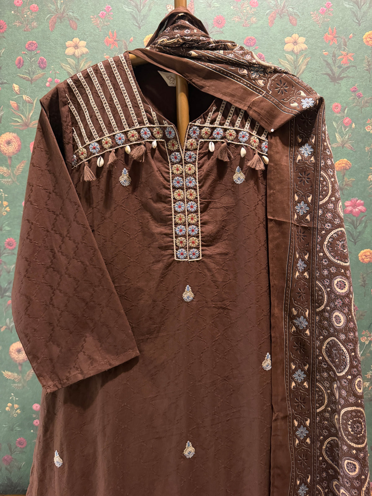 Chocolate Brown Embroidered Pure Cotton Suit Set