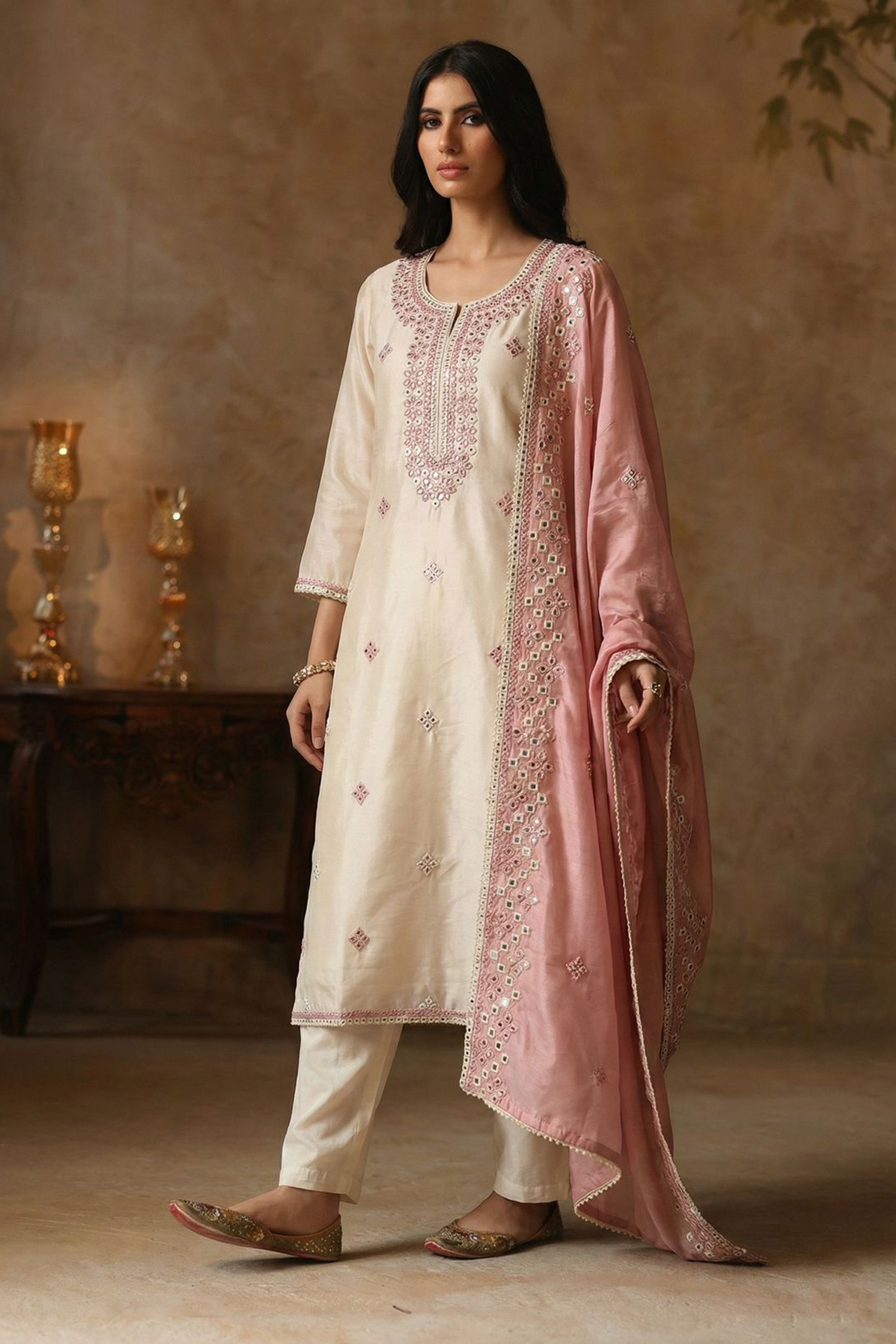 Ivory Chanderi Suit Set with Mirror Work | HER-409