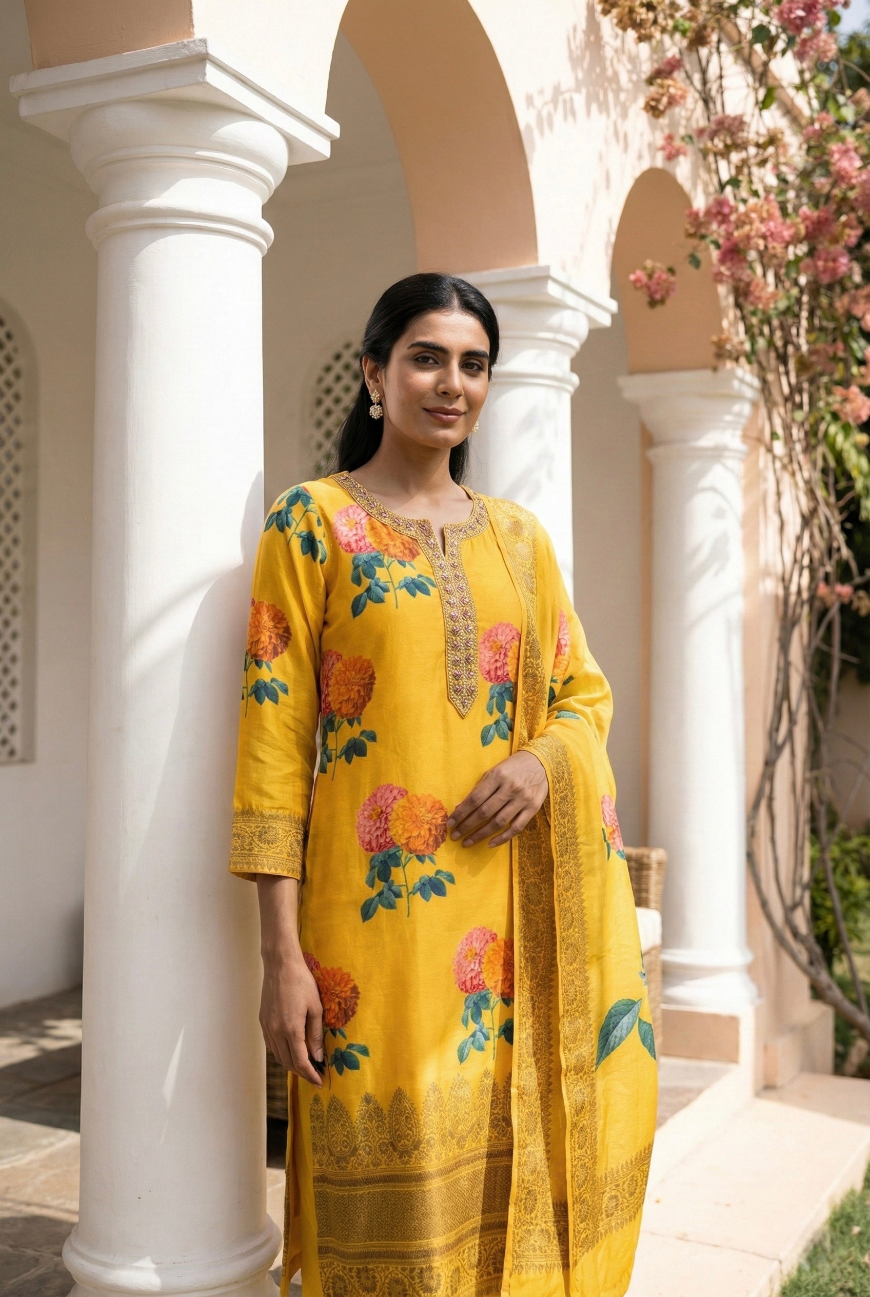 Yellow Floral Chanderi Suit Set | HER-608