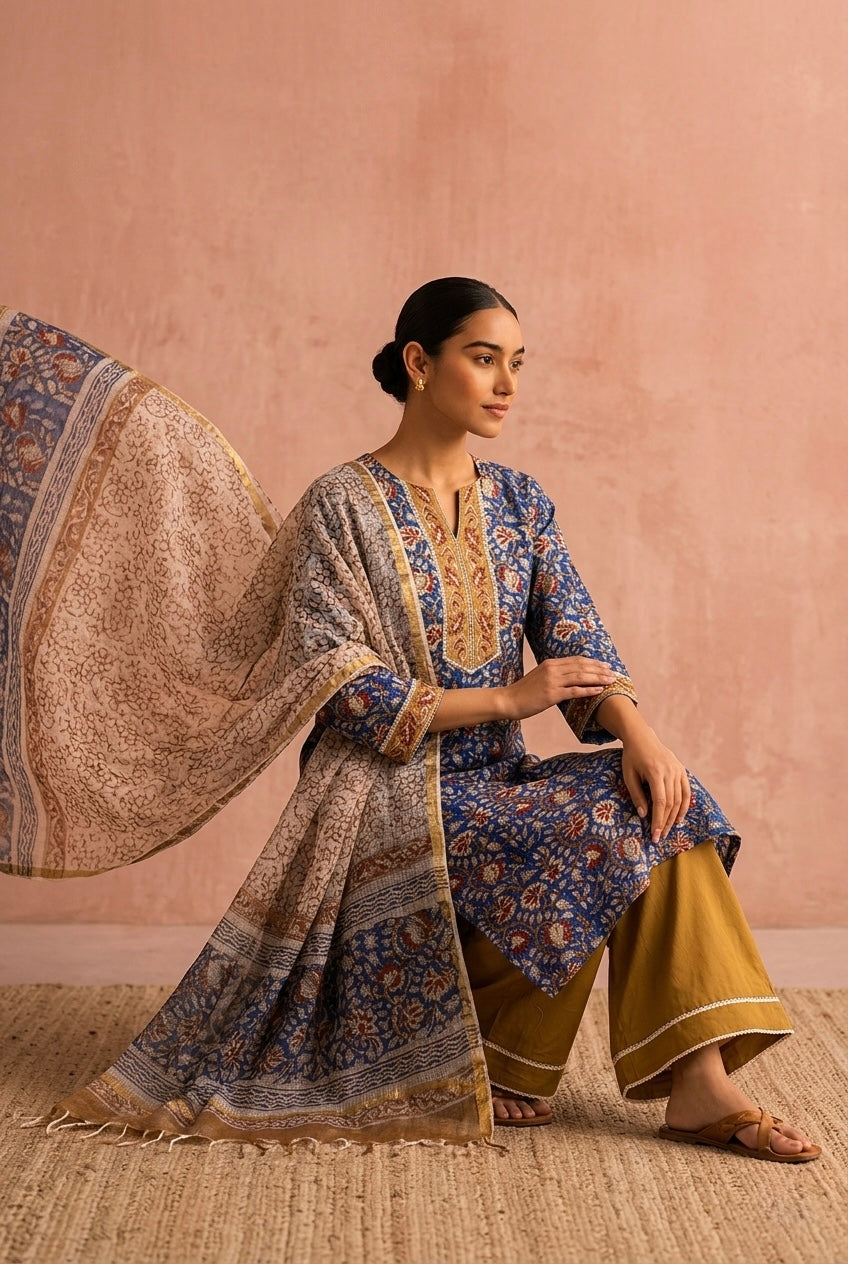 Royal Blue Floral Printed Cotton Suit Set, with Kota Doria Dupatta | HER-751