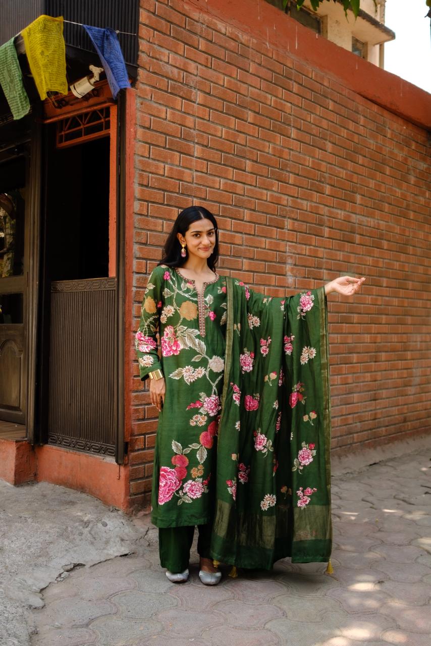 Emerald Green Floral Chanderi Suit Set | HER-605