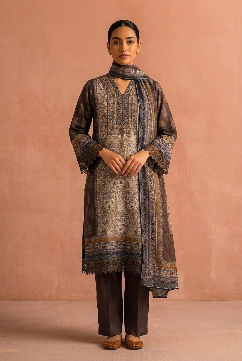 Mocha Brown Pure Crepe Suit Set | HER-633