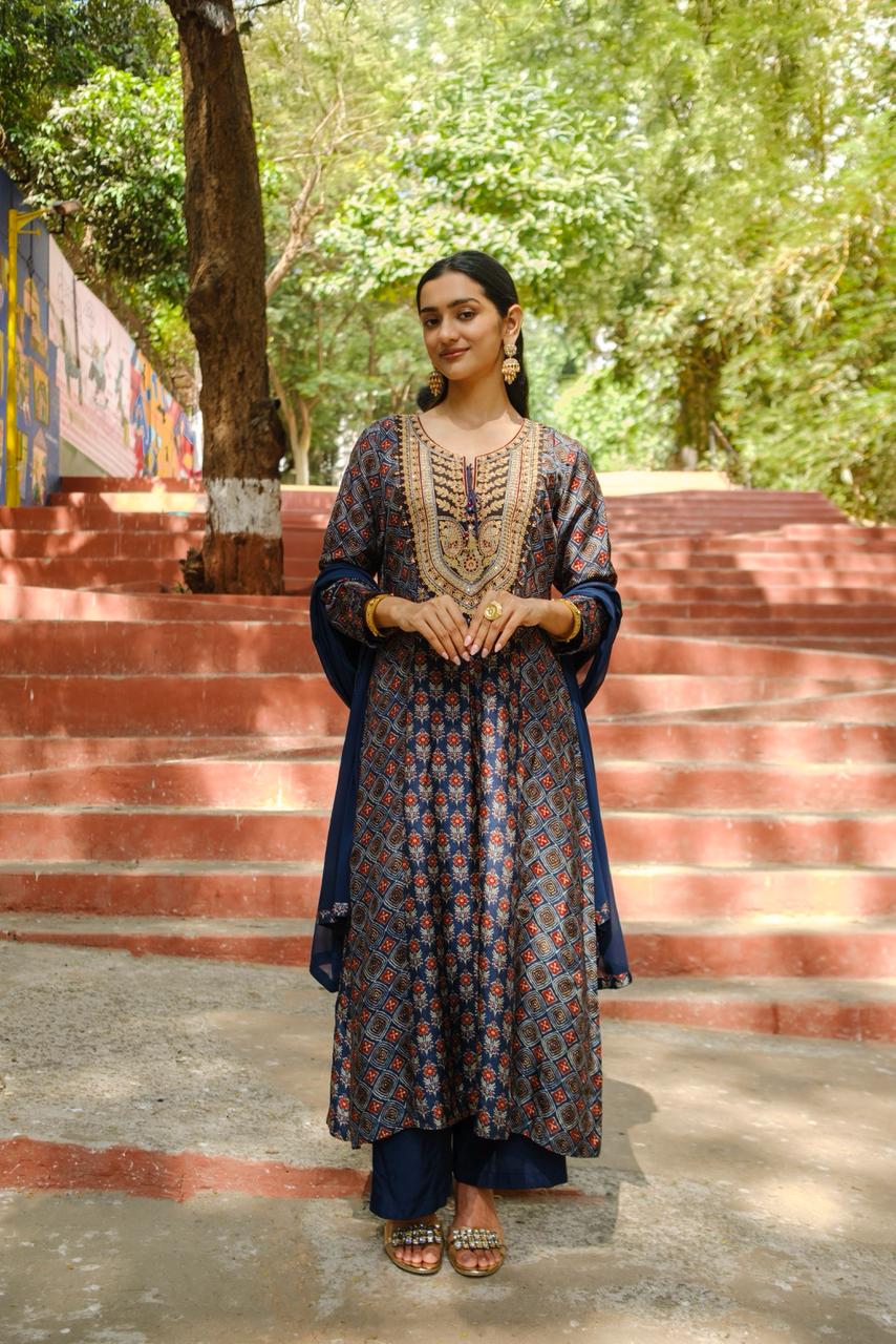 Blue Ajrakh A-Line Chanderi Silk Suit Set | HER-635 x Prachi