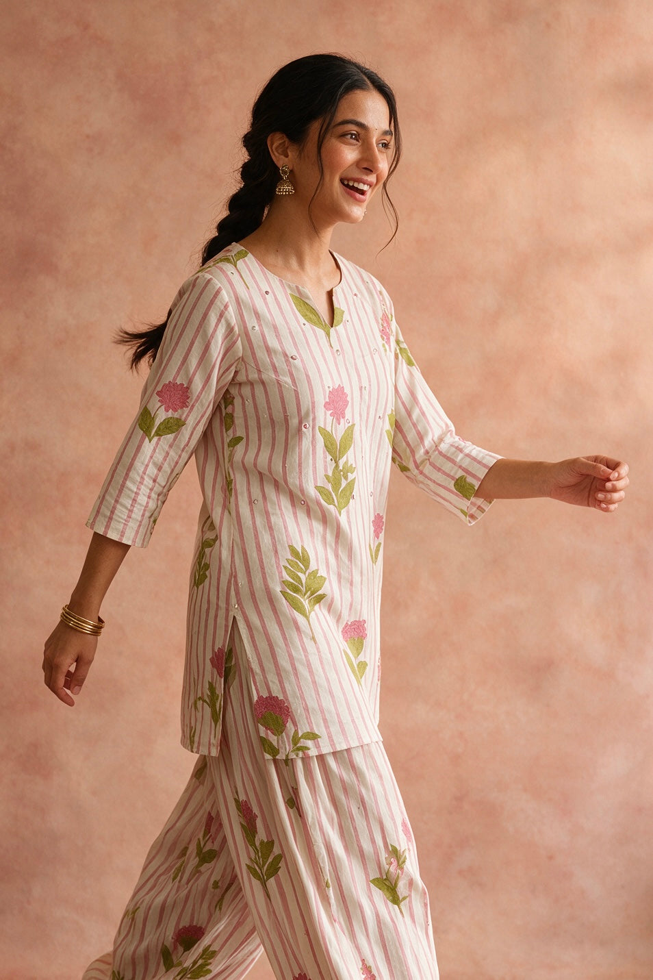 Pink Stripe Floral Kurta Set