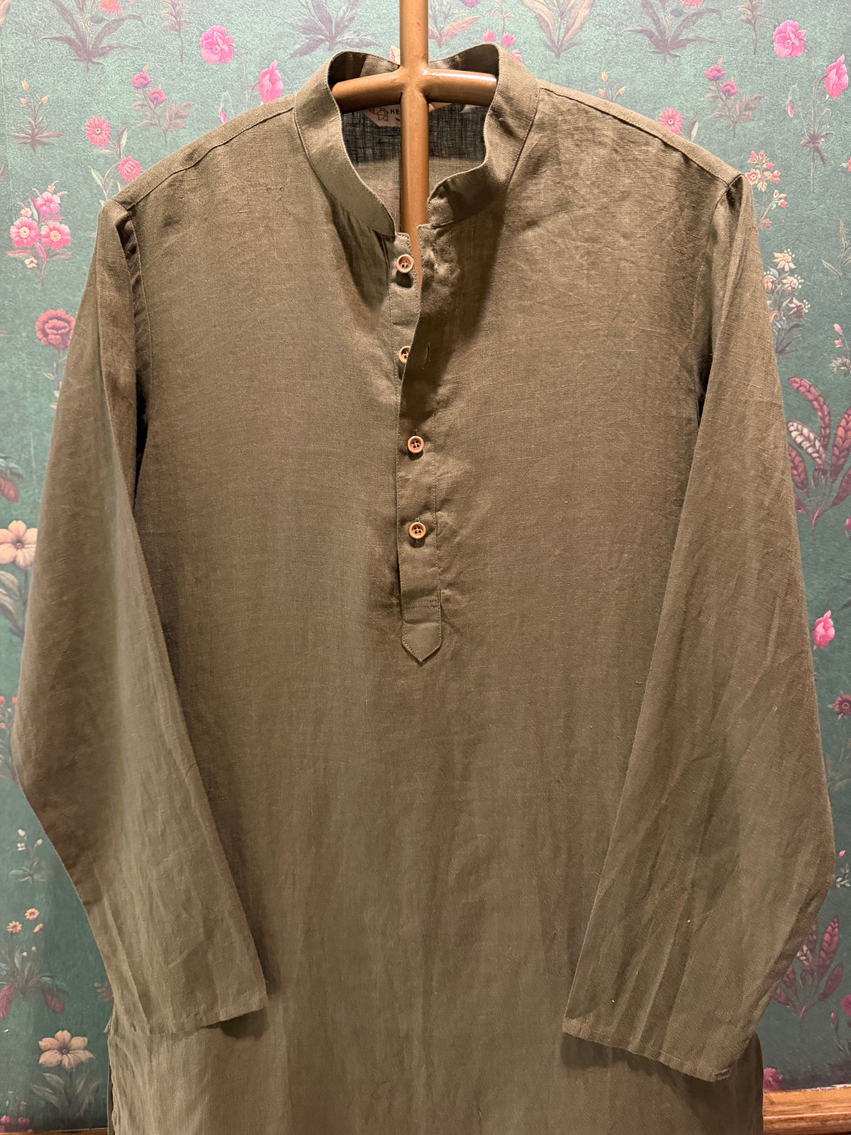 Men’s Pure Linen Kurta Pajama Set – Olive Green