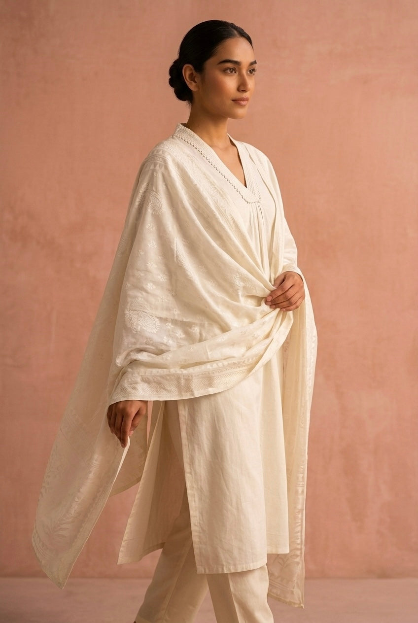 White Tailored Woven Cotton Suit Set | HER-530
