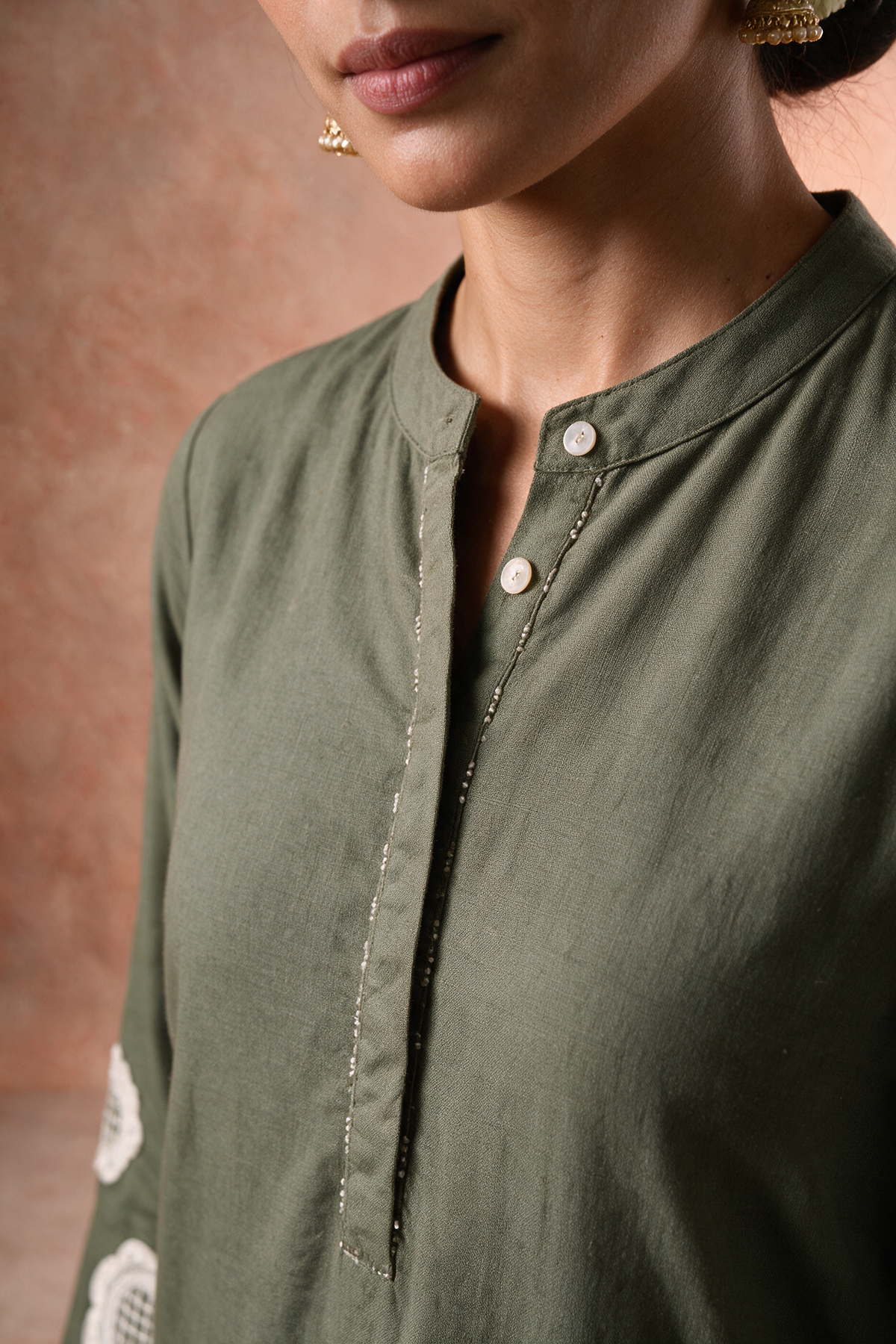 Olive Green Appliqué Khadi Cotton Kurta/Co-ord Set