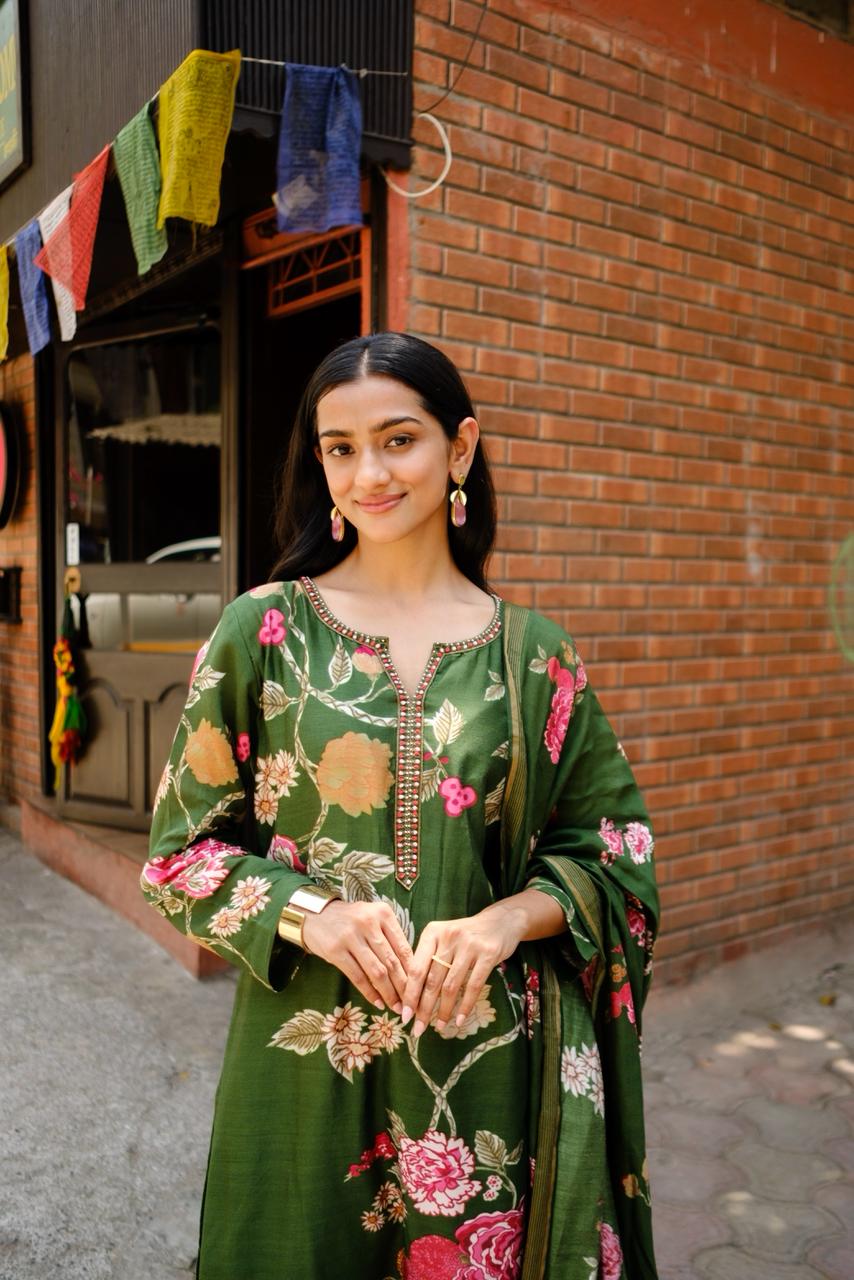 Emerald Green Floral Chanderi Suit Set | HER-605