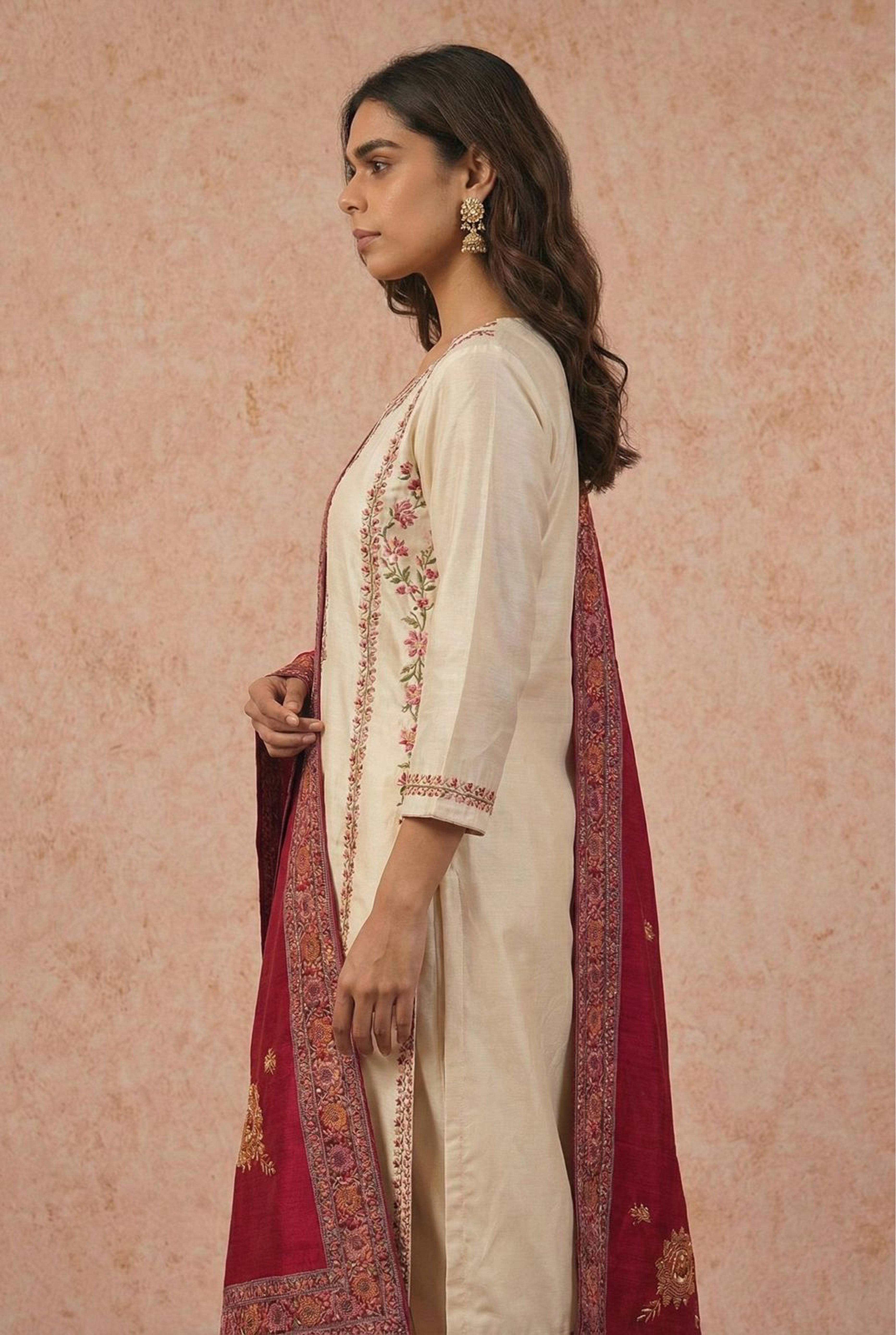 Arzoo Ivory Chanderi Embroidered Suit Set with Magenta Pink Banarasi Dupatta | HER-550