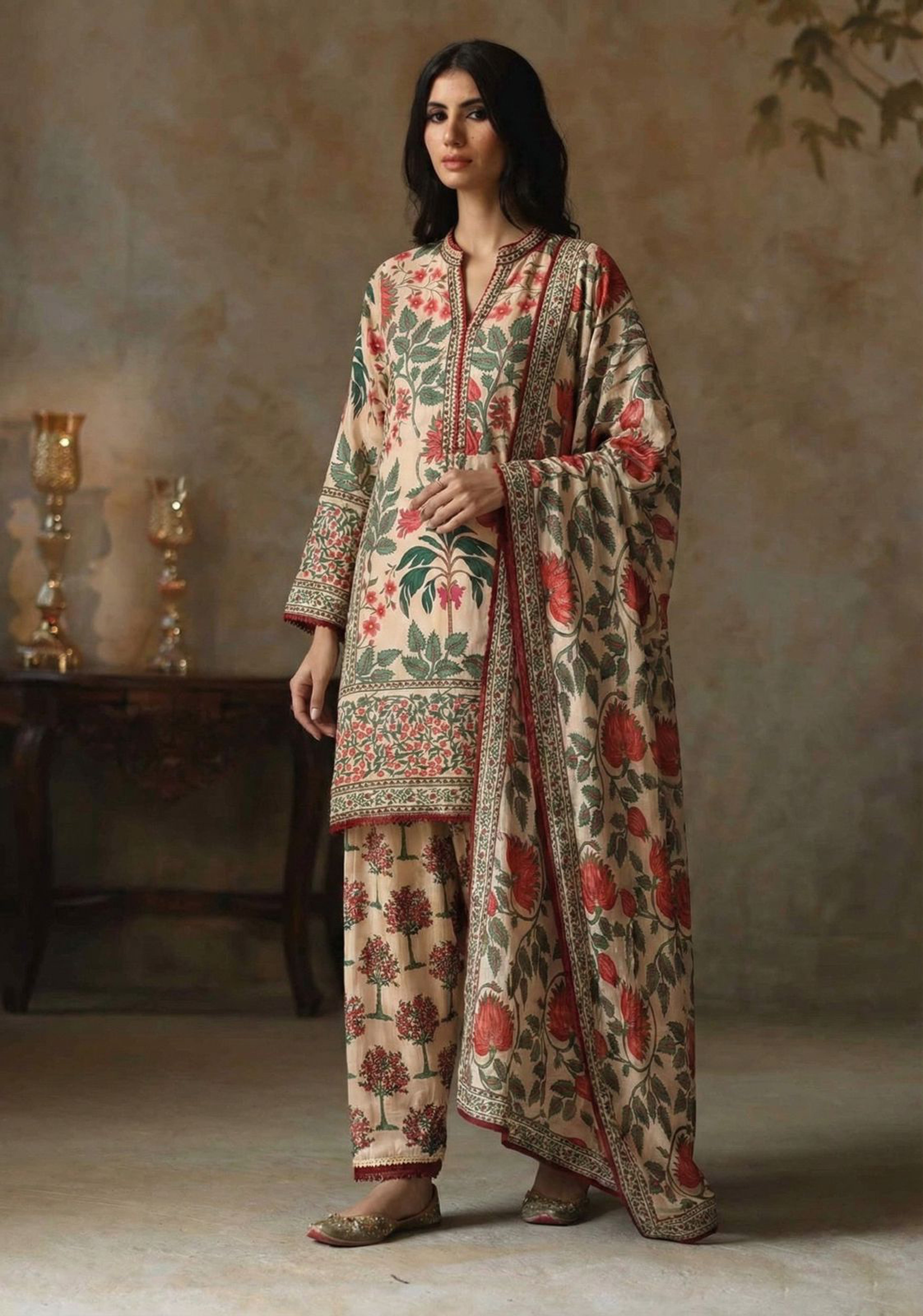 Peach Crimson Botanical Printed Suit Set | HER-613